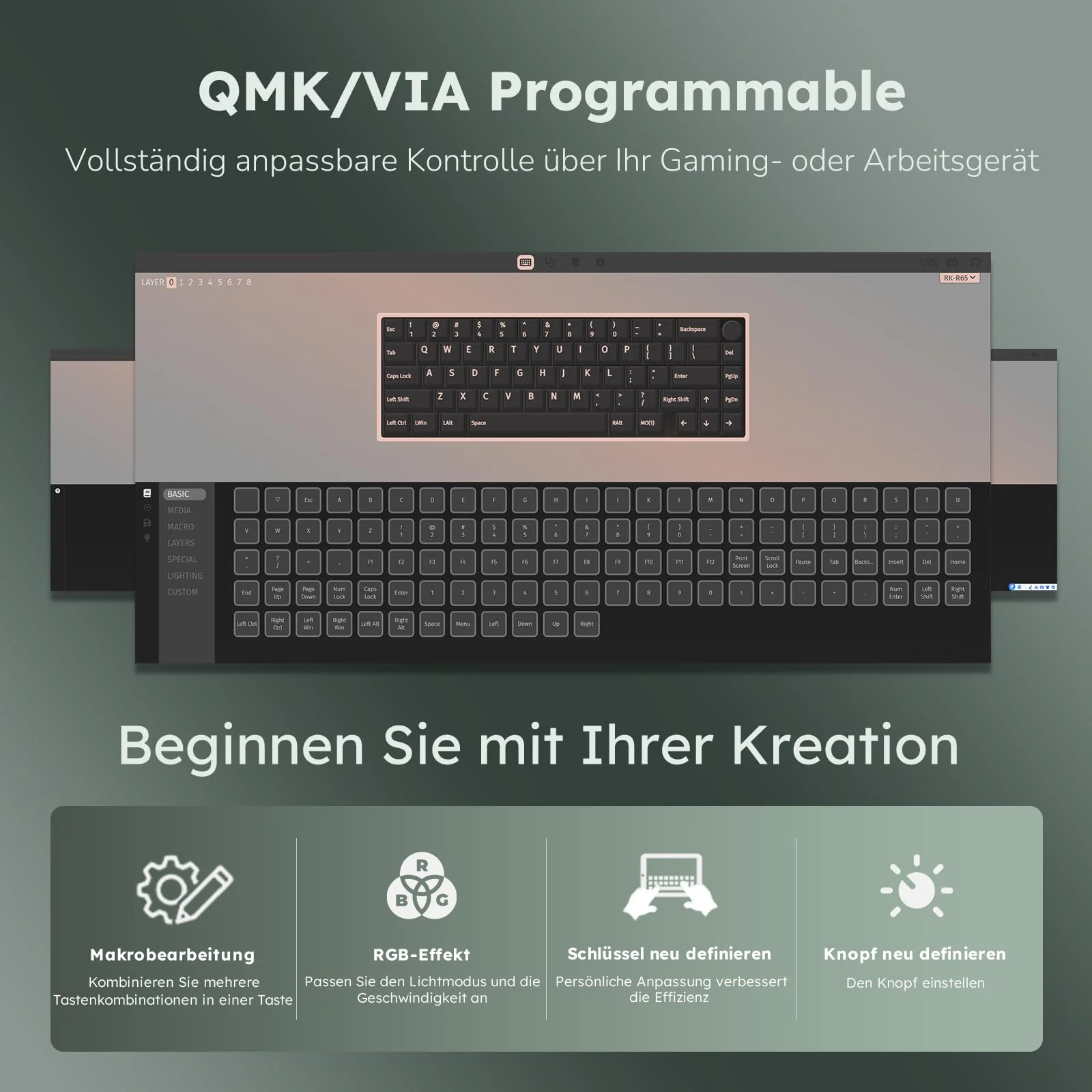 RK ROYAL KLUDGE R65 Gaming Tastatur 60 Prozent mit Knopf, Gasket Mechanische Tastatur Kabellos Bluetooth/2.4G/USB-C RGB PBT Tastenkappen QWERTZ QMK/VIA, Hot Swap Linearer Creamy Switches - Image 5