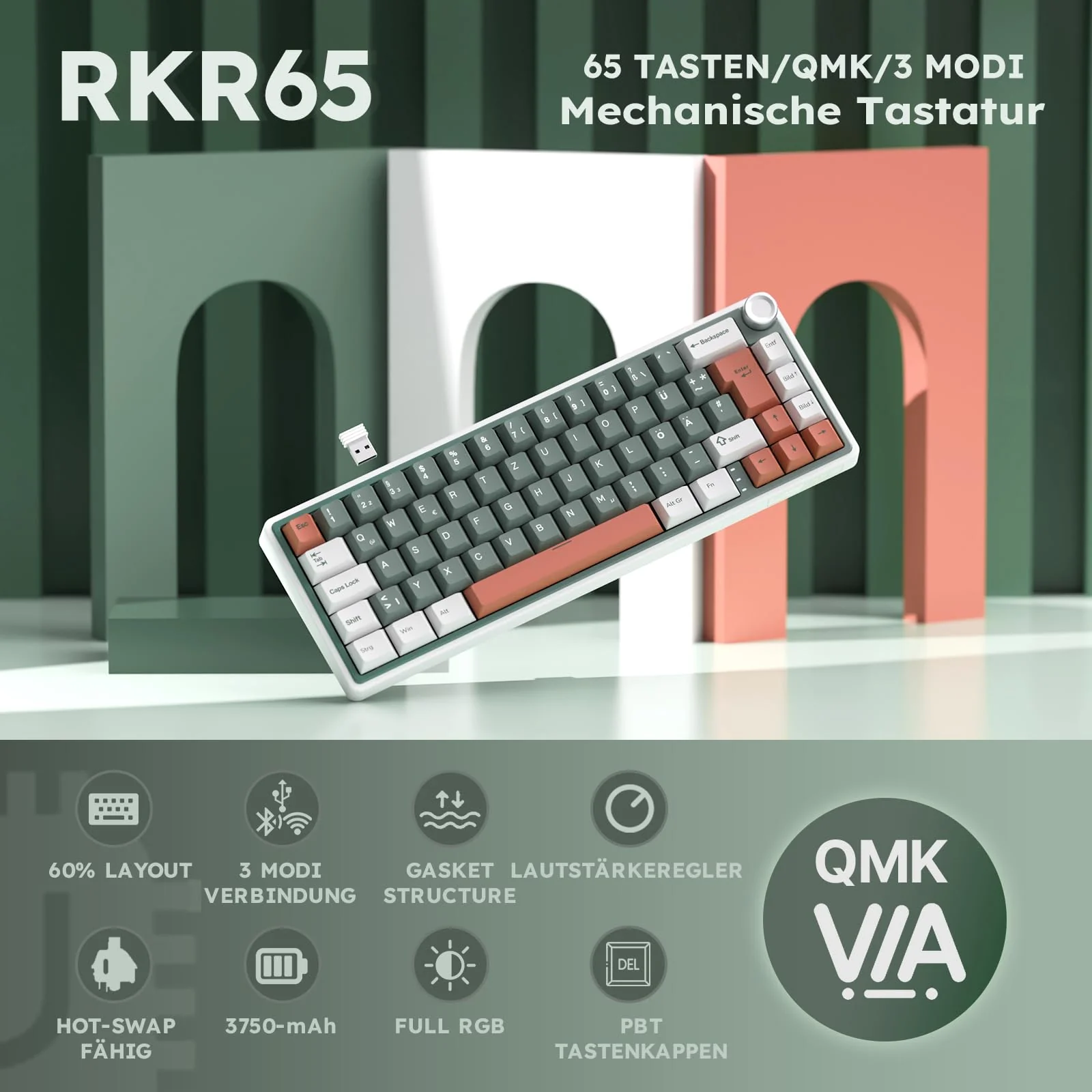 RK ROYAL KLUDGE R65 Gaming Tastatur 60 Prozent mit Knopf, Gasket Mechanische Tastatur Kabellos Bluetooth/2.4G/USB-C RGB PBT Tastenkappen QWERTZ QMK/VIA, Hot Swap Linearer Creamy Switches - Image 8