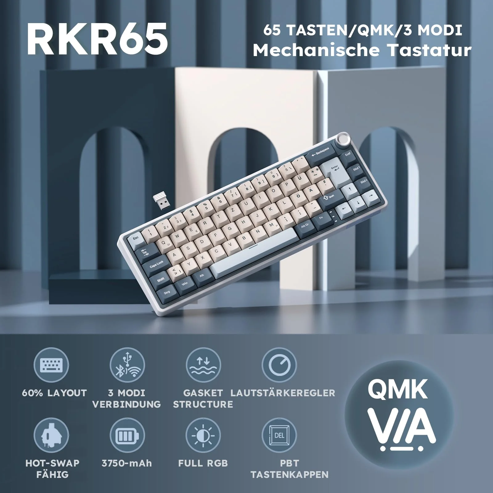 RK ROYAL KLUDGE R65 Mechanische Tastatur 60 Prozent mit Knopf, Gasket Gaming Tastatur Kabellos Bluetooth/2.4G/USB-C RGB PBT Tastenkappen QWERTZ QMK/VIA, Hot Swap Linearer Creamy Switches - Image 4