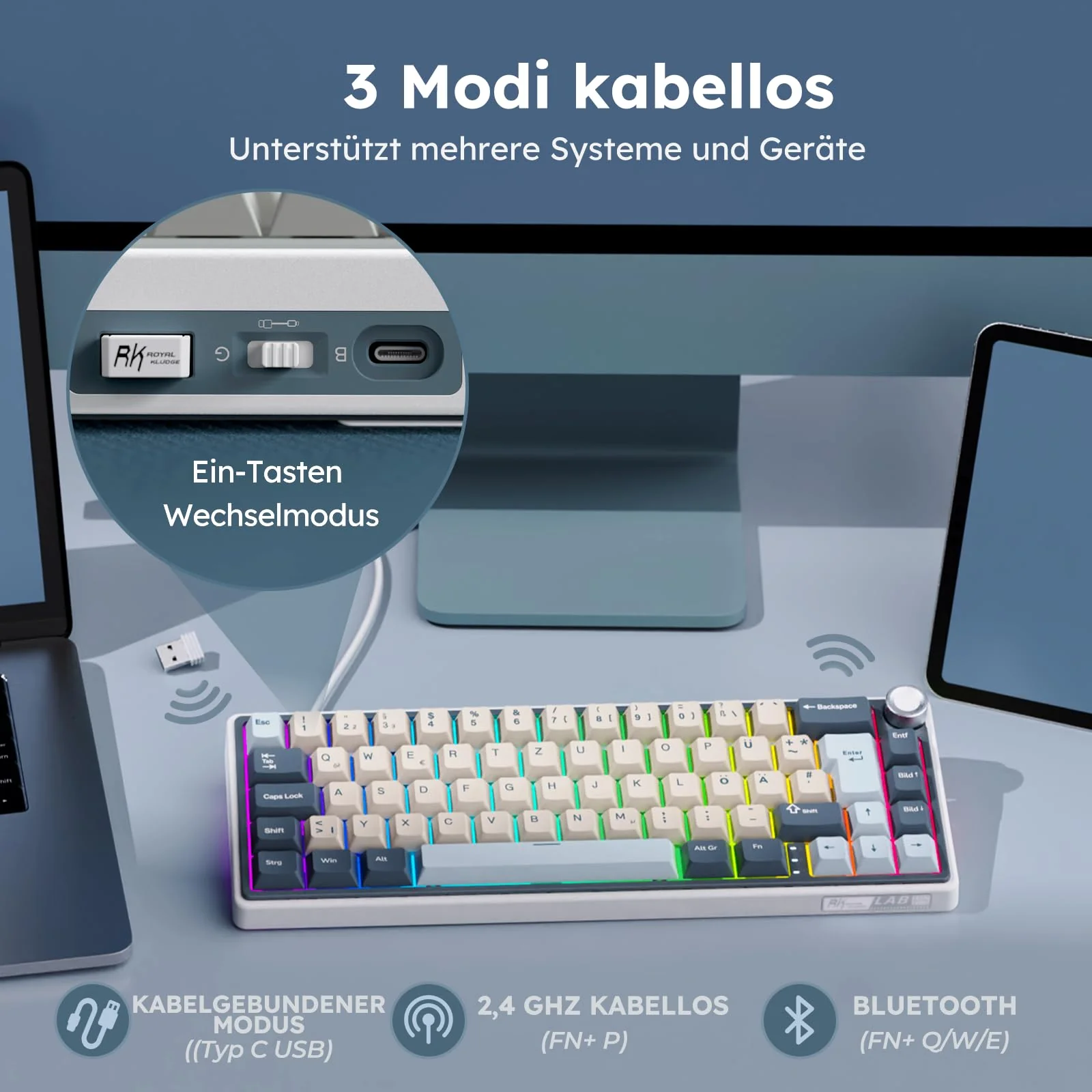 RK ROYAL KLUDGE R65 Mechanische Tastatur 60 Prozent mit Knopf, Gasket Gaming Tastatur Kabellos Bluetooth/2.4G/USB-C RGB PBT Tastenkappen QWERTZ QMK/VIA, Hot Swap Linearer Creamy Switches - Image 7