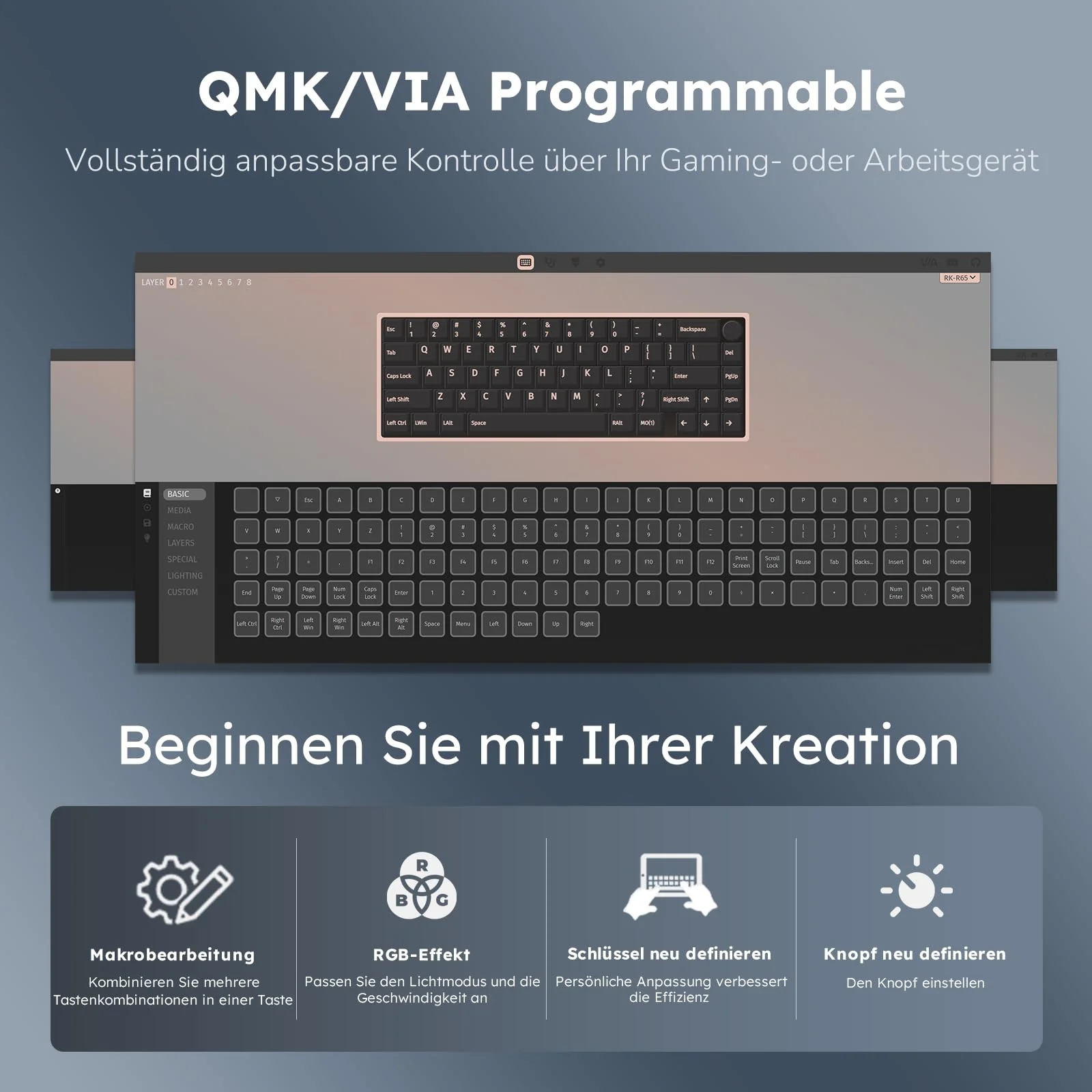 RK ROYAL KLUDGE R65 Mechanische Tastatur 60 Prozent mit Knopf, Gasket Gaming Tastatur Kabellos Bluetooth/2.4G/USB-C RGB PBT Tastenkappen QWERTZ QMK/VIA, Hot Swap Linearer Creamy Switches - Image 8
