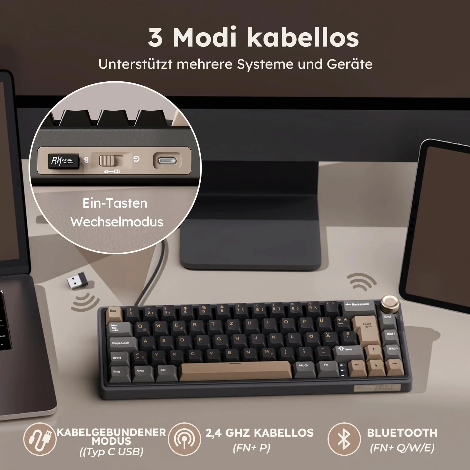 RK ROYAL KLUDGE R65 Mechanische Tastatur Kabellos, 60% Prozent Gaming Tastatur QWERTZ Gasket RGB mit Knopf und PBT Tastenkappen, Bluetooth/2.4G/USB-C QMK/VIA, Hot Swap Linearer Creamy Switches - Image 5
