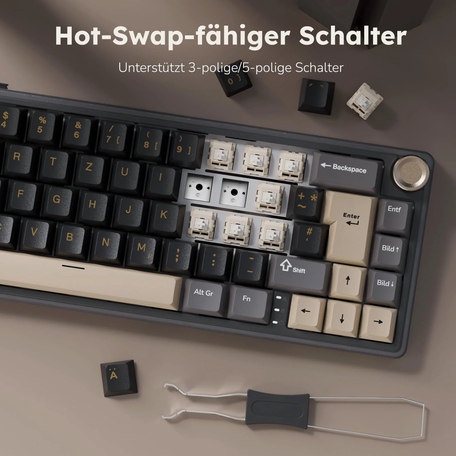 RK ROYAL KLUDGE R65 Mechanische Tastatur Kabellos, 60% Prozent Gaming Tastatur QWERTZ Gasket RGB mit Knopf und PBT Tastenkappen, Bluetooth/2.4G/USB-C QMK/VIA, Hot Swap Linearer Creamy Switches - Image 6