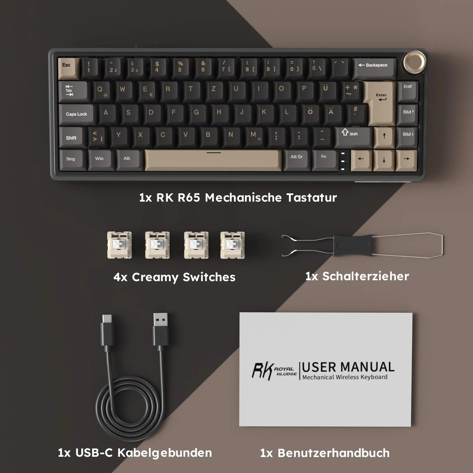 RK ROYAL KLUDGE R65 Mechanische Tastatur Kabellos, 60% Prozent Gaming Tastatur QWERTZ Gasket RGB mit Knopf und PBT Tastenkappen, Bluetooth/2.4G/USB-C QMK/VIA, Hot Swap Linearer Creamy Switches - Image 8