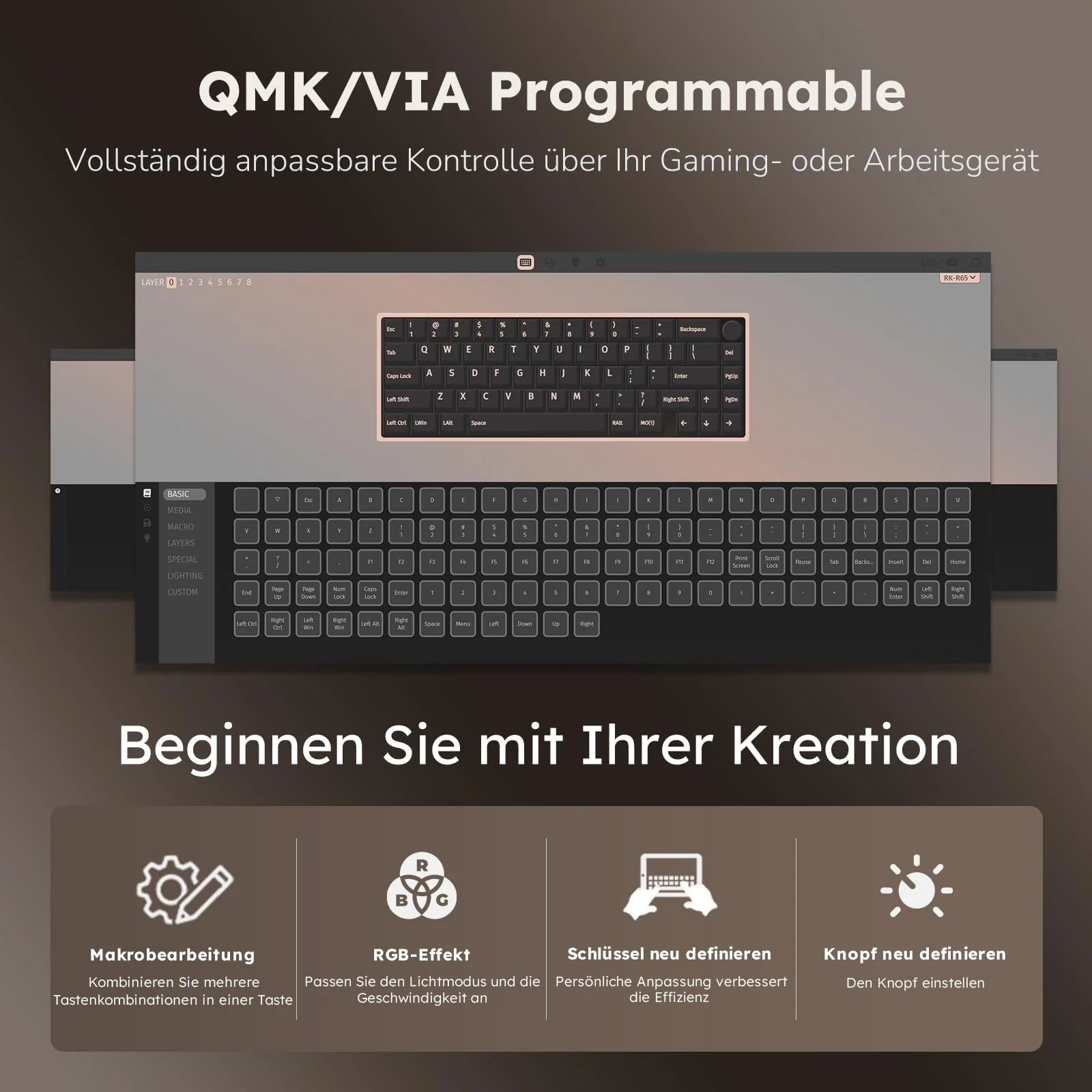 RK ROYAL KLUDGE R65 Mechanische Tastatur Kabellos, 60% Prozent Gaming Tastatur QWERTZ Gasket RGB mit Knopf und PBT Tastenkappen, Bluetooth/2.4G/USB-C QMK/VIA, Hot Swap Linearer Creamy Switches - Image 9