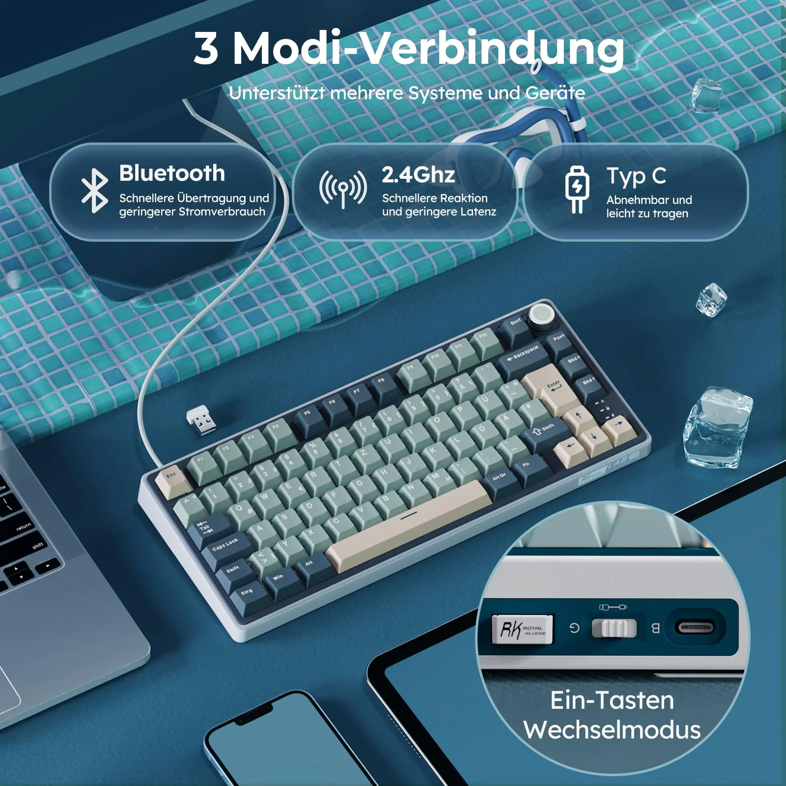 RK ROYAL KLUDGE R75 Mechanische Tastatur Kabellos 75%, Gasket Gaming Tastatur 75 Prozent TKL mit Knopf QWERTZ RGB Bluetooth/2.4G/USB-C PBT Tastenkappen QMK/VIA, Hot Swap Linearer Creamy Switches - Image 4