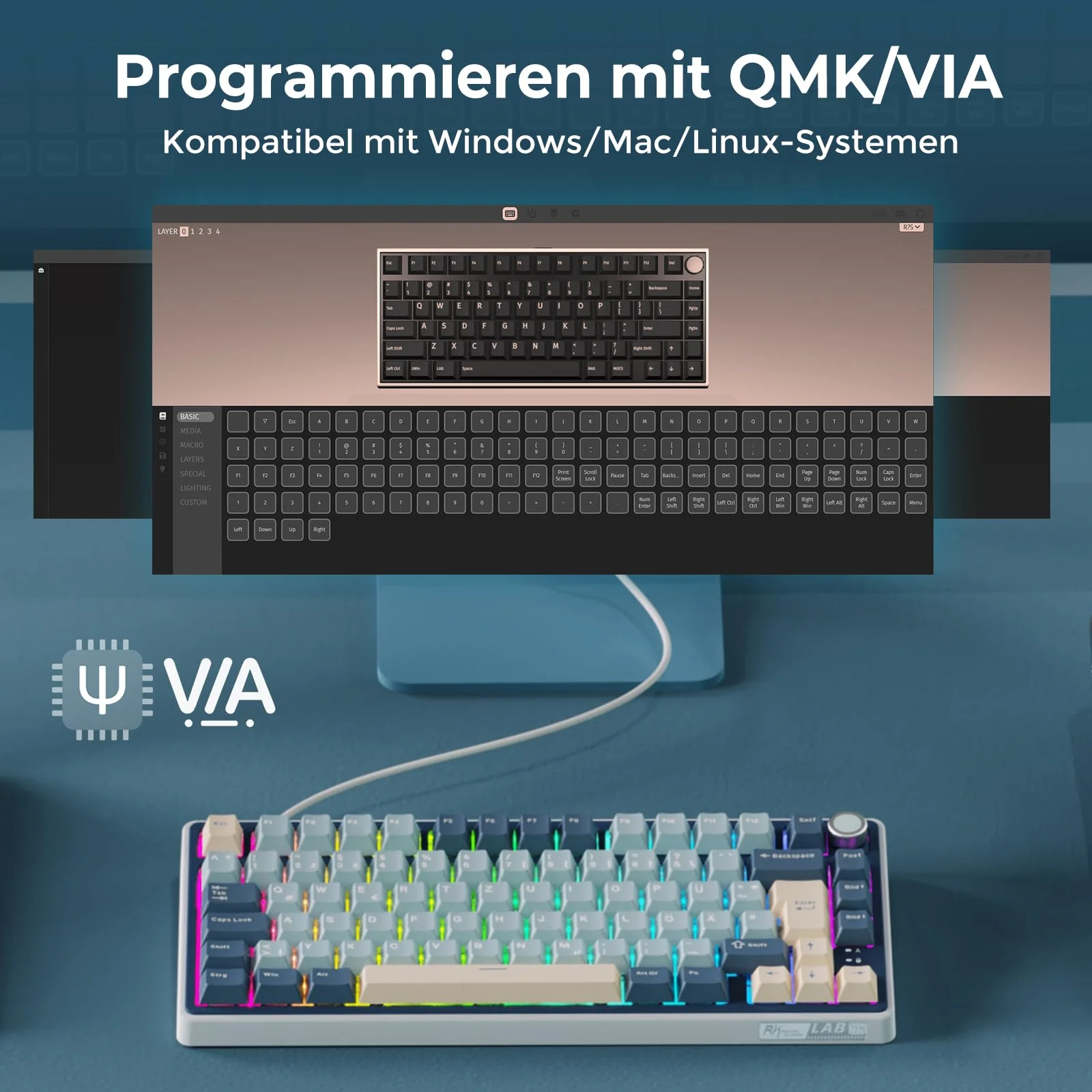 RK ROYAL KLUDGE R75 Mechanische Tastatur Kabellos 75%, Gasket Gaming Tastatur 75 Prozent TKL mit Knopf QWERTZ RGB Bluetooth/2.4G/USB-C PBT Tastenkappen QMK/VIA, Hot Swap Linearer Creamy Switches - Image 6