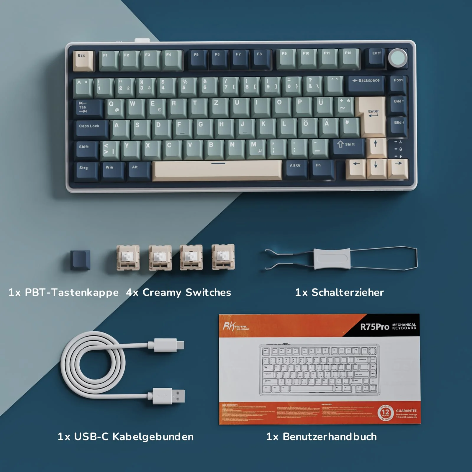RK ROYAL KLUDGE R75 Mechanische Tastatur Kabellos 75%, Gasket Gaming Tastatur 75 Prozent TKL mit Knopf QWERTZ RGB Bluetooth/2.4G/USB-C PBT Tastenkappen QMK/VIA, Hot Swap Linearer Creamy Switches - Image 7