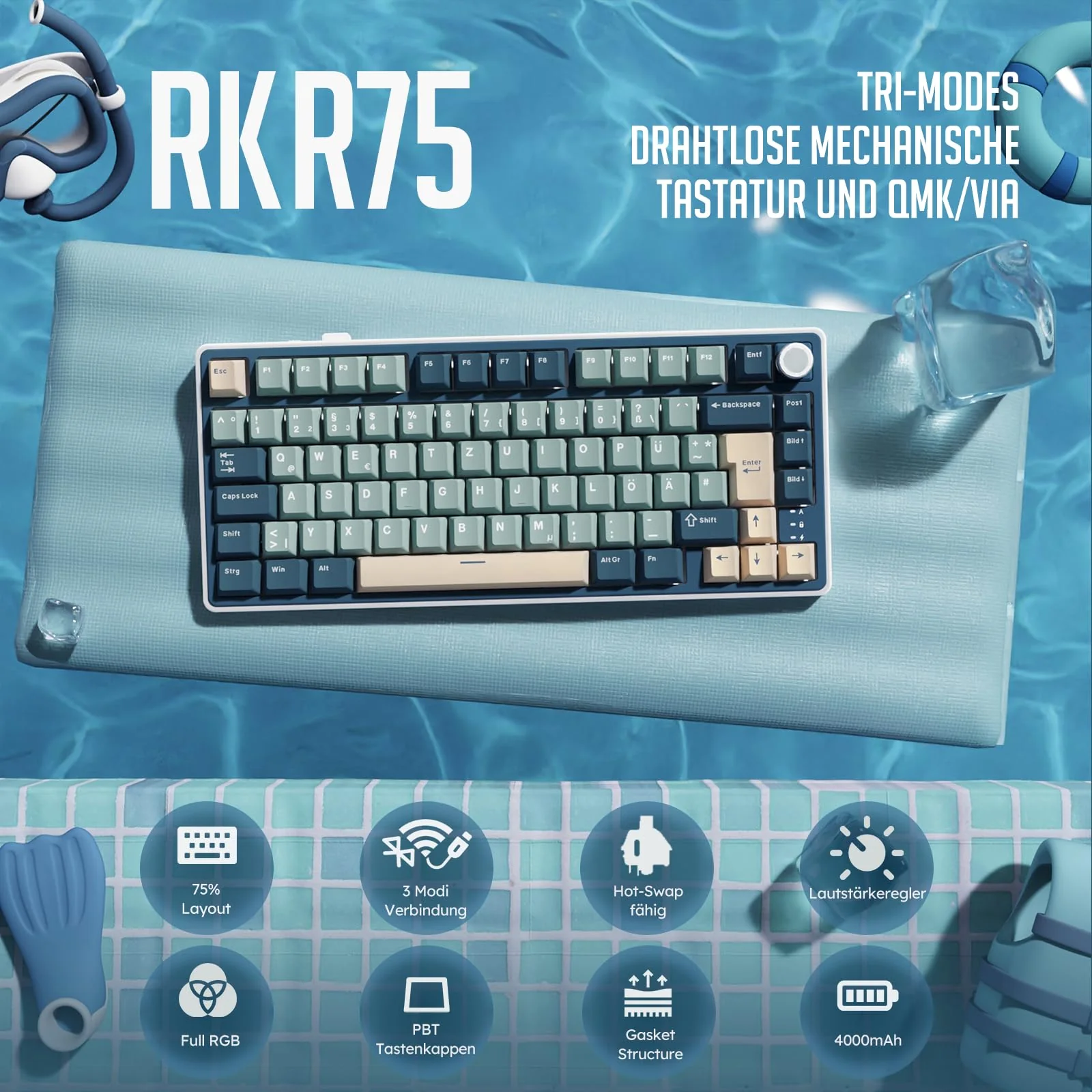 RK ROYAL KLUDGE R75 Mechanische Tastatur Kabellos 75%, Gasket Gaming Tastatur 75 Prozent TKL mit Knopf QWERTZ RGB Bluetooth/2.4G/USB-C PBT Tastenkappen QMK/VIA, Hot Swap Linearer Creamy Switches - Image 9