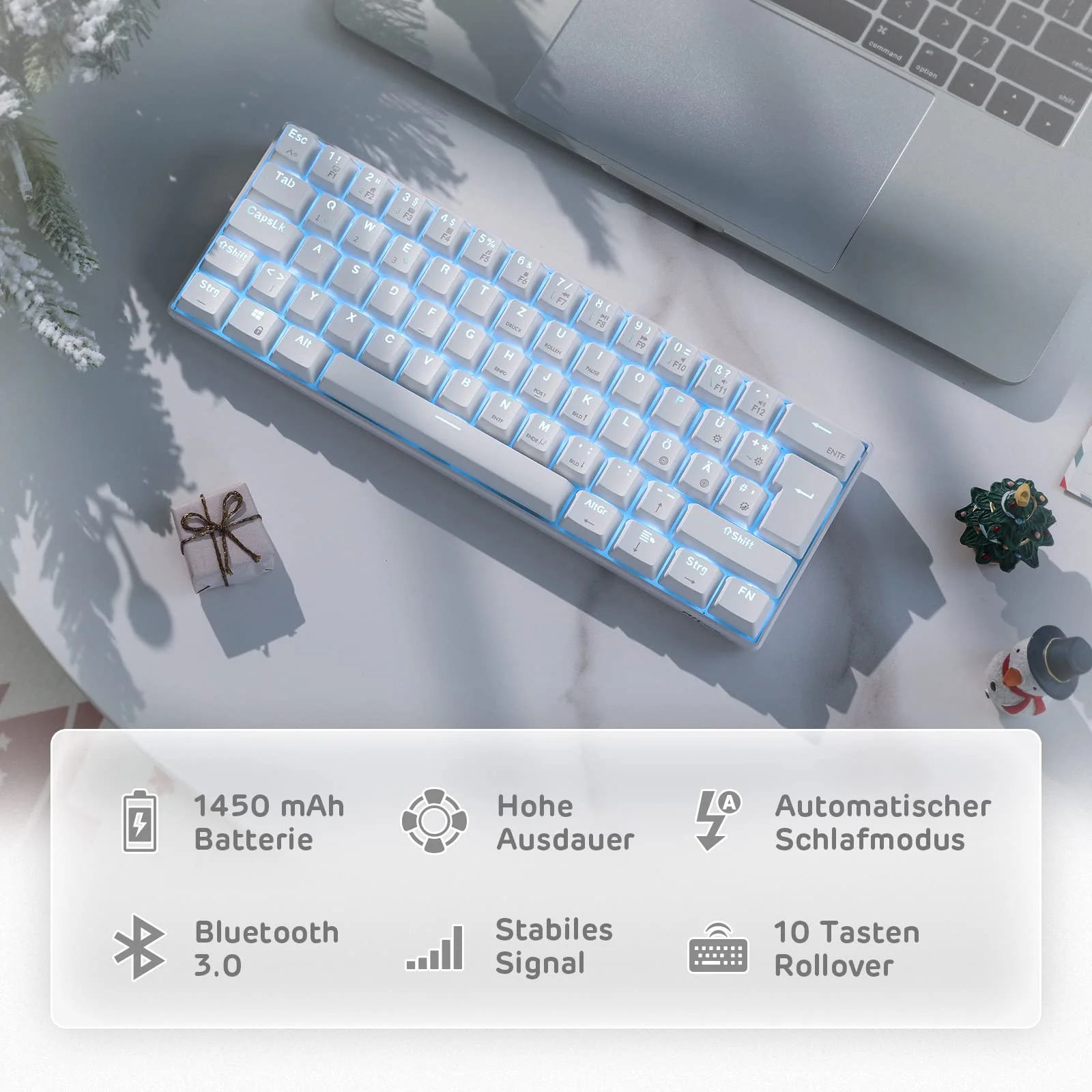 RK ROYAL KLUDGE RK61-DE 60% Bluetooth/kabelgebundene / 2,4 GHz kabellose mechanische Tastatur, 61 Tasten, Hot-Swap-fähige braune Schalter Gaming-Tastatur, kompatibel für Win/Mac, Weiß, QWERTZ - Image 2
