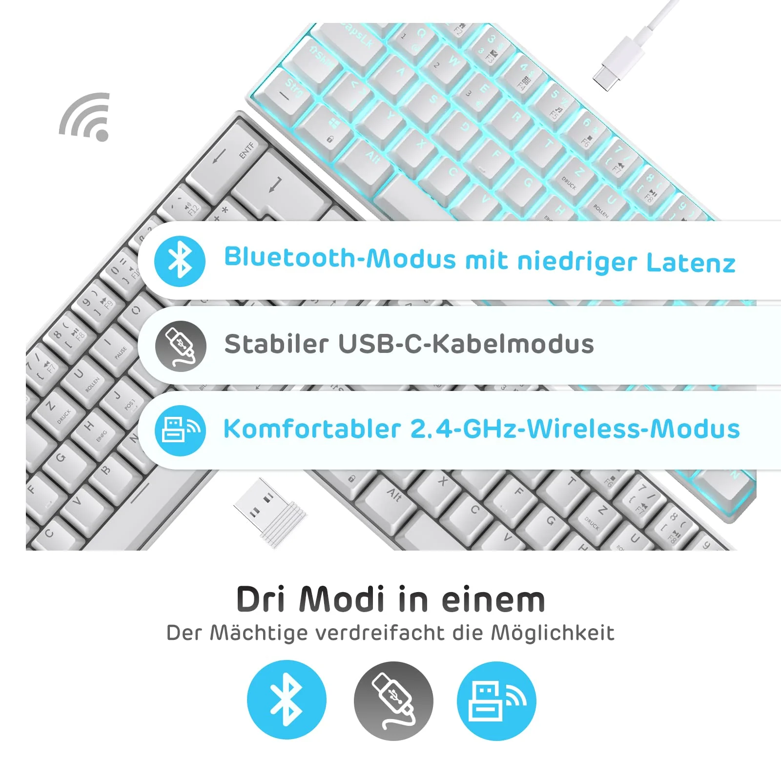 RK ROYAL KLUDGE RK61-DE 60% Bluetooth/kabelgebundene / 2,4 GHz kabellose mechanische Tastatur, 61 Tasten, Hot-Swap-fähige braune Schalter Gaming-Tastatur, kompatibel für Win/Mac, Weiß, QWERTZ - Image 4