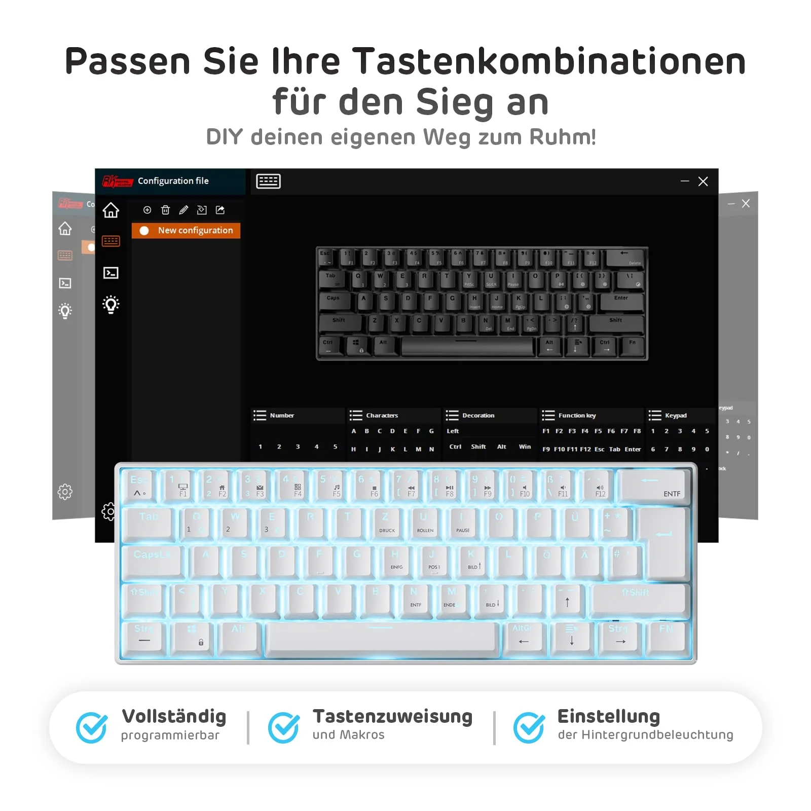 RK ROYAL KLUDGE RK61-DE 60% Bluetooth/kabelgebundene / 2,4 GHz kabellose mechanische Tastatur, 61 Tasten, Hot-Swap-fähige braune Schalter Gaming-Tastatur, kompatibel für Win/Mac, Weiß, QWERTZ - Image 5