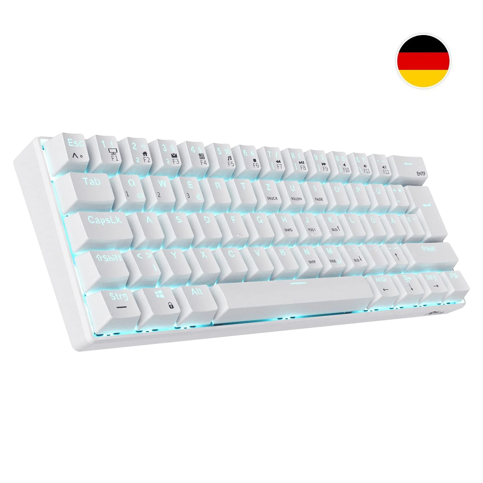 RK ROYAL KLUDGE RK61-DE 60% Bluetooth/kabelgebundene / 2,4 GHz kabellose mechanische Tastatur, 61 Tasten, Hot-Swap-fähige braune Schalter Gaming-Tastatur, kompatibel für Win/Mac, Weiß, QWERTZ - Image 7