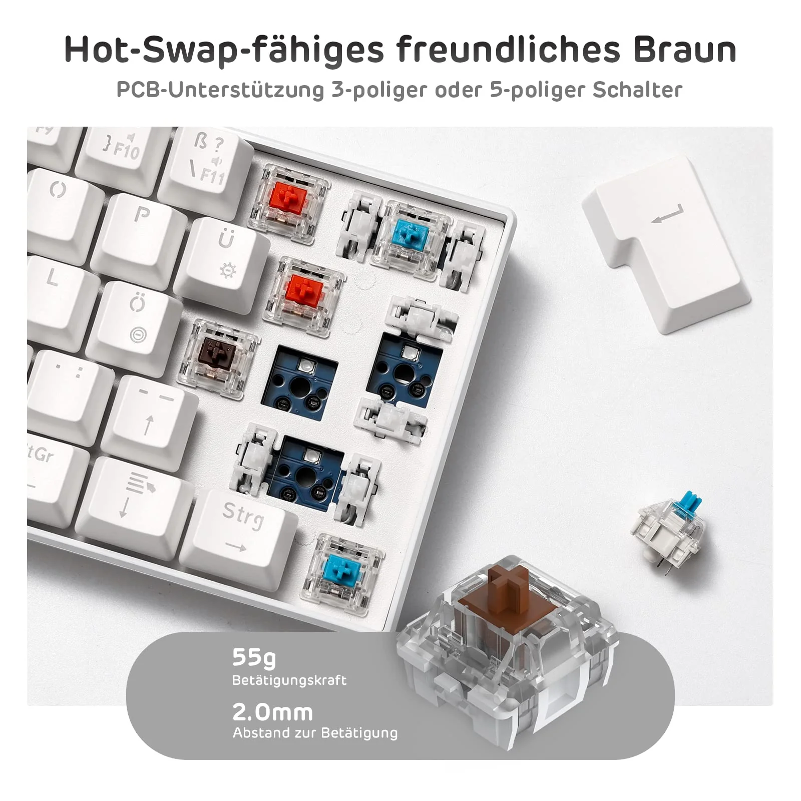 RK ROYAL KLUDGE RK61-DE 60% Bluetooth/kabelgebundene / 2,4 GHz kabellose mechanische Tastatur, 61 Tasten, Hot-Swap-fähige braune Schalter Gaming-Tastatur, kompatibel für Win/Mac, Weiß, QWERTZ - Image 8