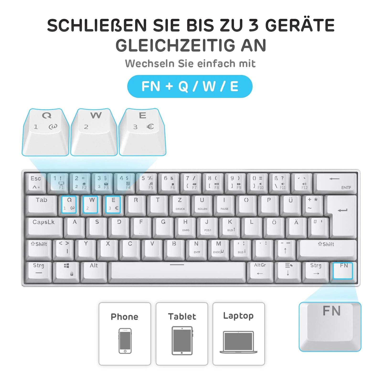 RK ROYAL KLUDGE RK61-DE 60% Bluetooth/kabelgebundene / 2.4Ghz kabellose mechanische Tastatur, 61 Tasten, Hot-Swap-fähige Blaue Schalter Gaming-Tastatur für Win/Mac, Weiß, QWERTZ Deutsches Layout - Image 2