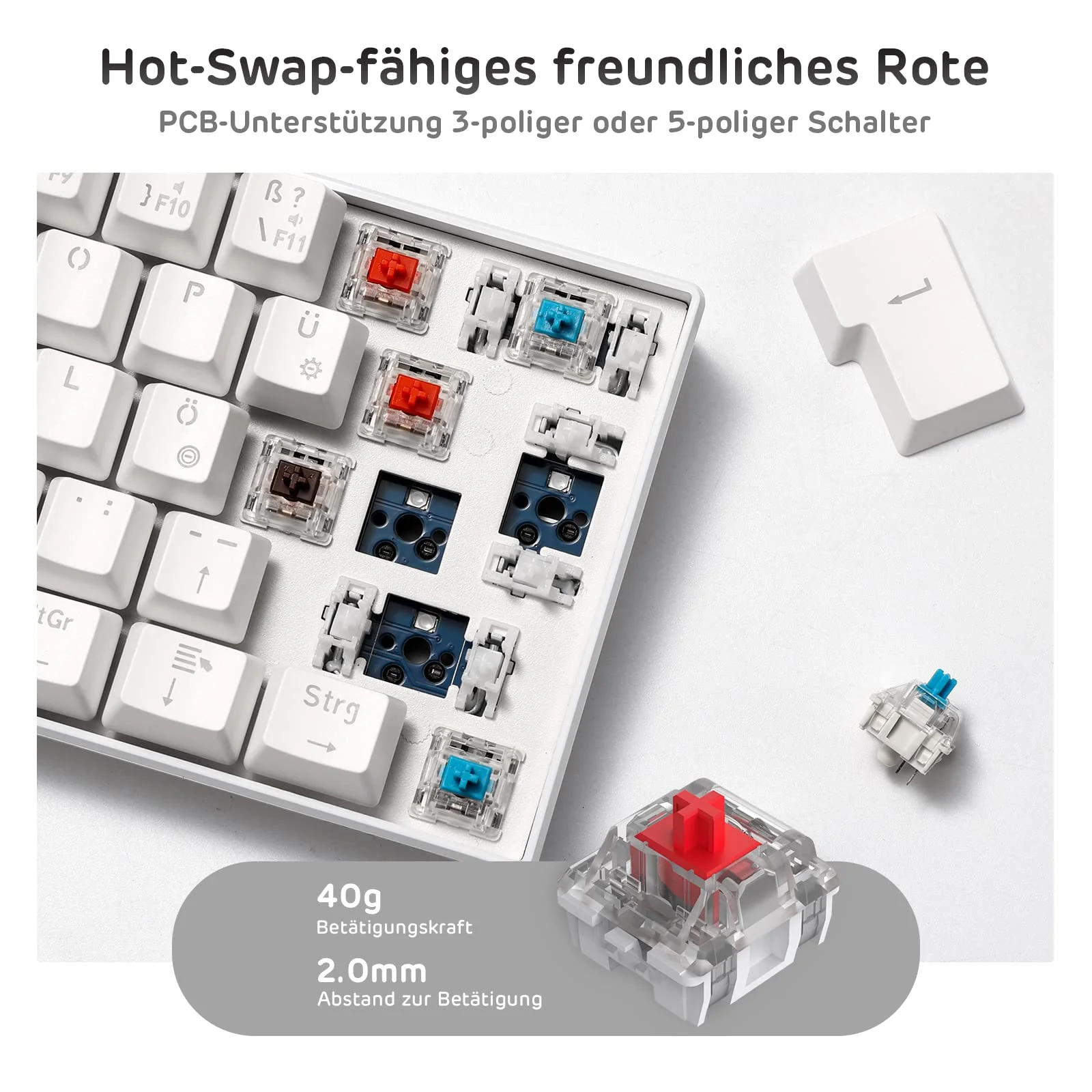 RK ROYAL KLUDGE RK61-DE 60% Bluetooth/kabelgebundene / 2.4Ghz kabellose mechanische Tastatur, 61 Tasten, Hot-Swap-fähige Rote Schalter Gaming-Tastatur für Win/Mac, Weiß, QWERTZ Deutsches Layout - Image 4