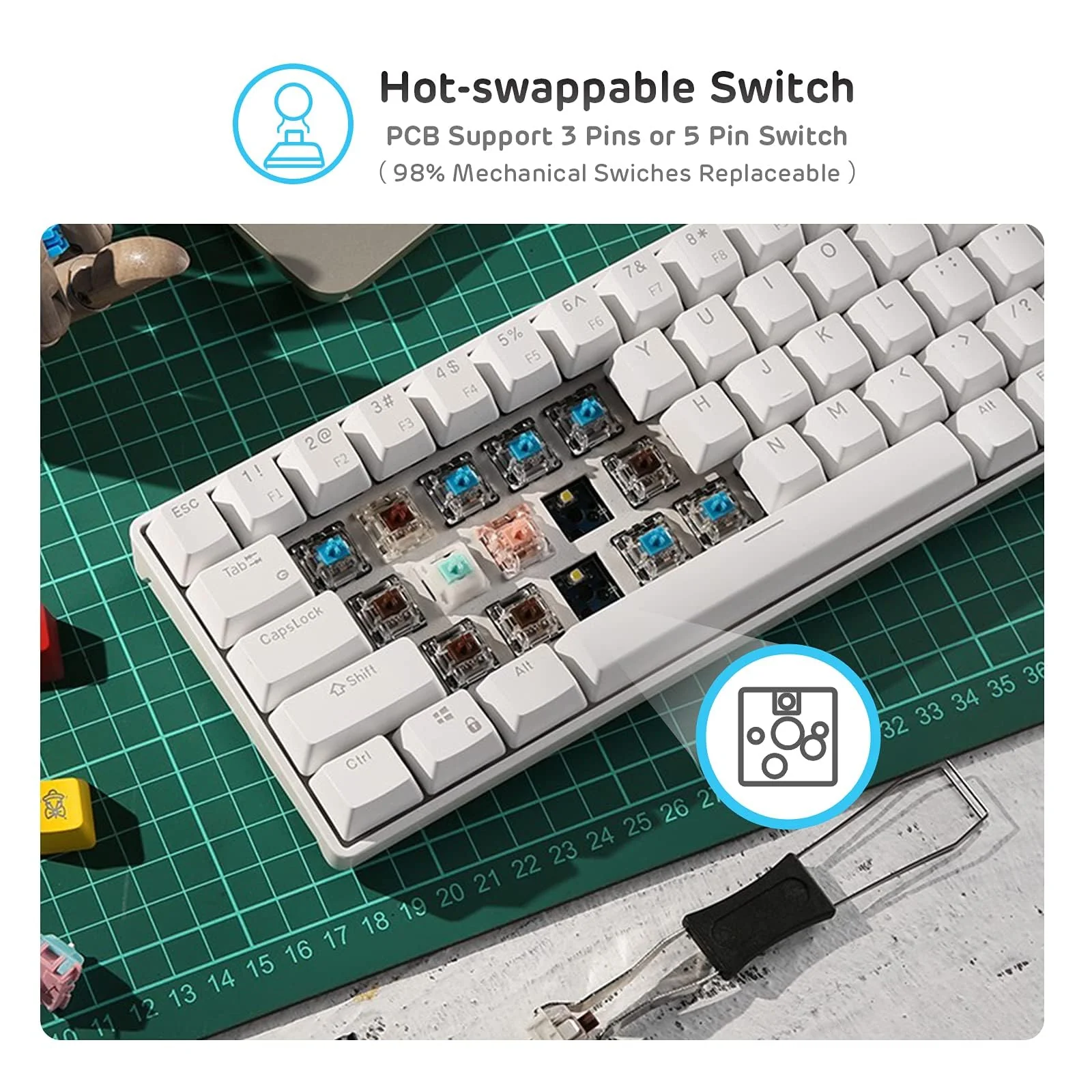 RK ROYAL KLUDGE RK61 Mechanische Gaming-Tastatur, kabellos, 60%, ultrakompakt, mit blauem Clicky-Schalter, kompatibel für die Verbindung mit Mehreren Geräten, Weiß - Image 8