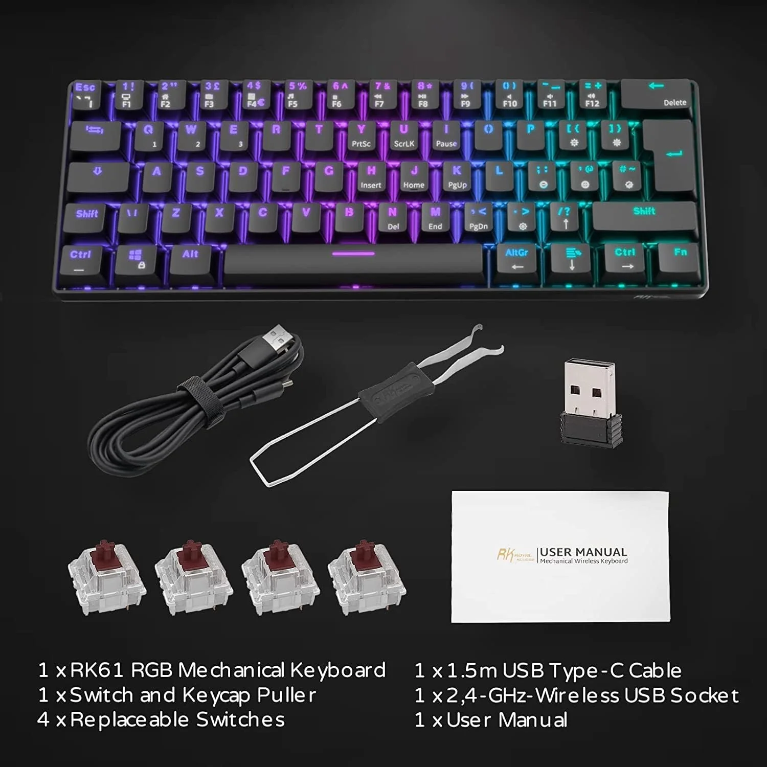 RK ROYAL KLUDGE RK61 Mechanische Tastatur 2,4 GHz Kabellose/Bluetooth/Verkabelte 60% Gaming Tastatur RGB-Beleuchtung Hot-Swap-fähiger Blauer Schalter, Kompatibel für Win/Mac, Schwarz (QWERTZ) - Image 2