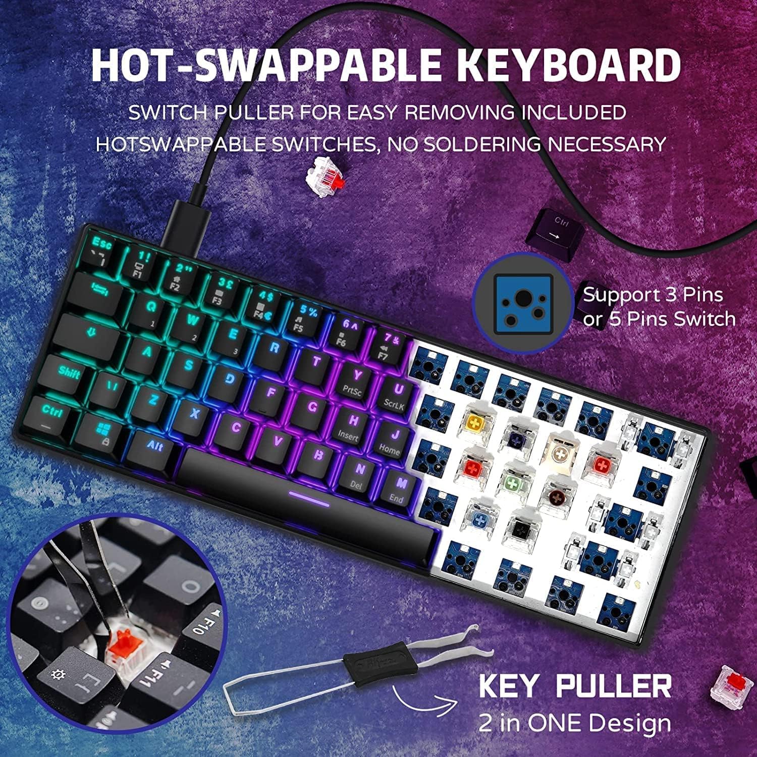 RK ROYAL KLUDGE RK61 Mechanische Tastatur 2,4 GHz Kabellose/Bluetooth/Verkabelte 60% Gaming Tastatur RGB-Beleuchtung Hot-Swap-fähiger Blauer Schalter, Kompatibel für Win/Mac, Schwarz (QWERTZ) - Image 3