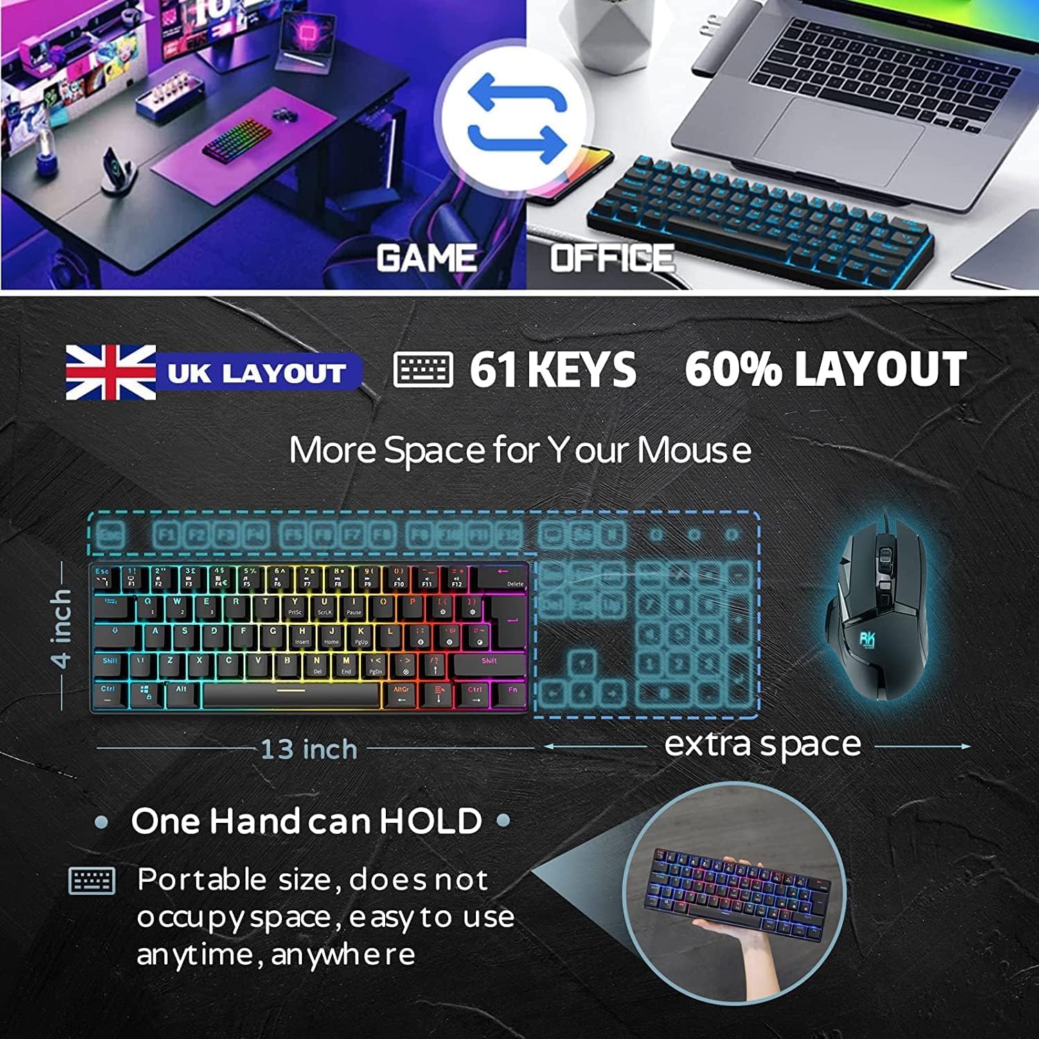 RK ROYAL KLUDGE RK61 Mechanische Tastatur 2,4 GHz Kabellose/Bluetooth/Verkabelte 60% Gaming Tastatur RGB-Beleuchtung Hot-Swap-fähiger Blauer Schalter, Kompatibel für Win/Mac, Schwarz (QWERTZ) - Image 4