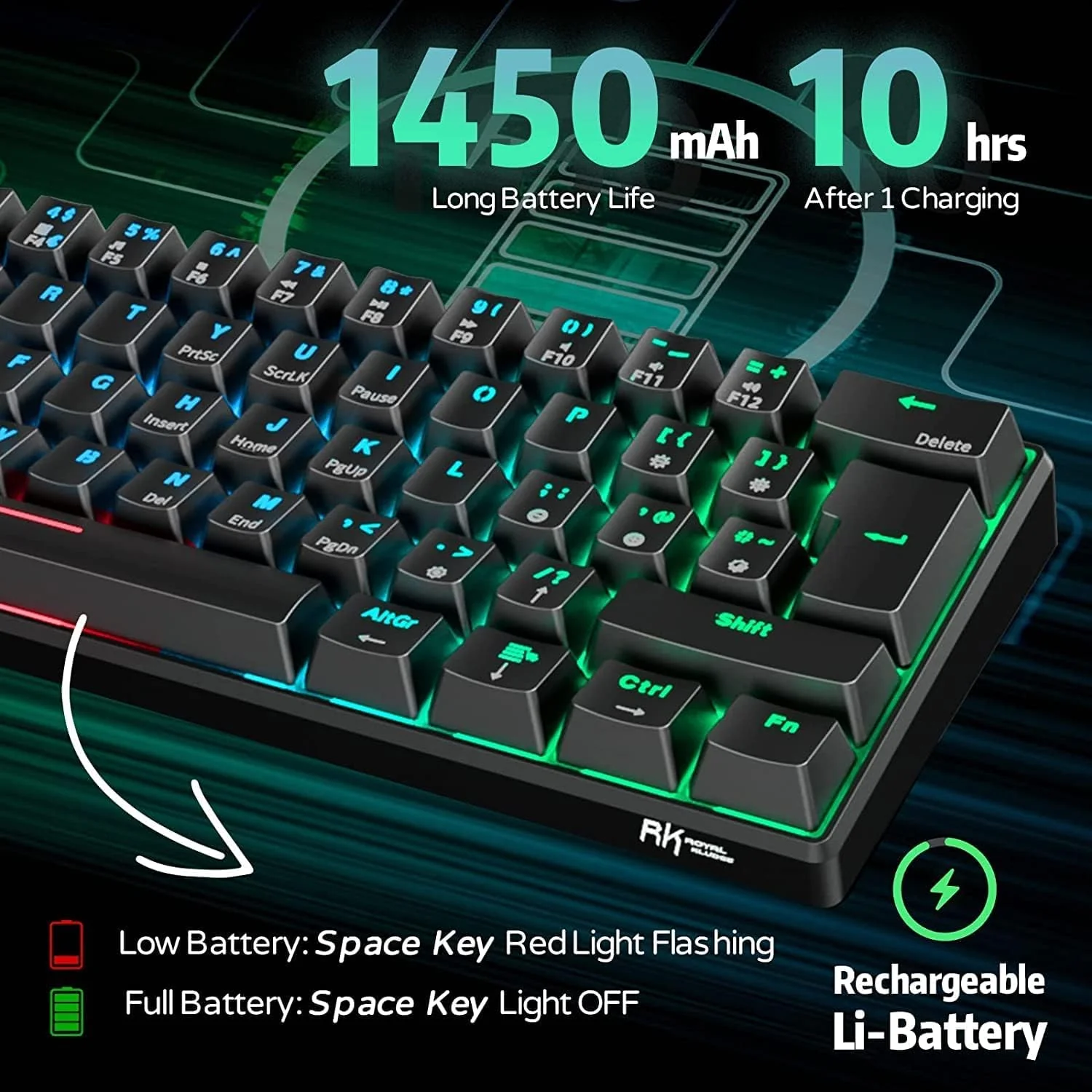 RK ROYAL KLUDGE RK61 Mechanische Tastatur 2,4 GHz Kabellose/Bluetooth/Verkabelte 60% Gaming Tastatur RGB-Beleuchtung Hot-Swap-fähiger Blauer Schalter, Kompatibel für Win/Mac, Schwarz (QWERTZ) - Image 9