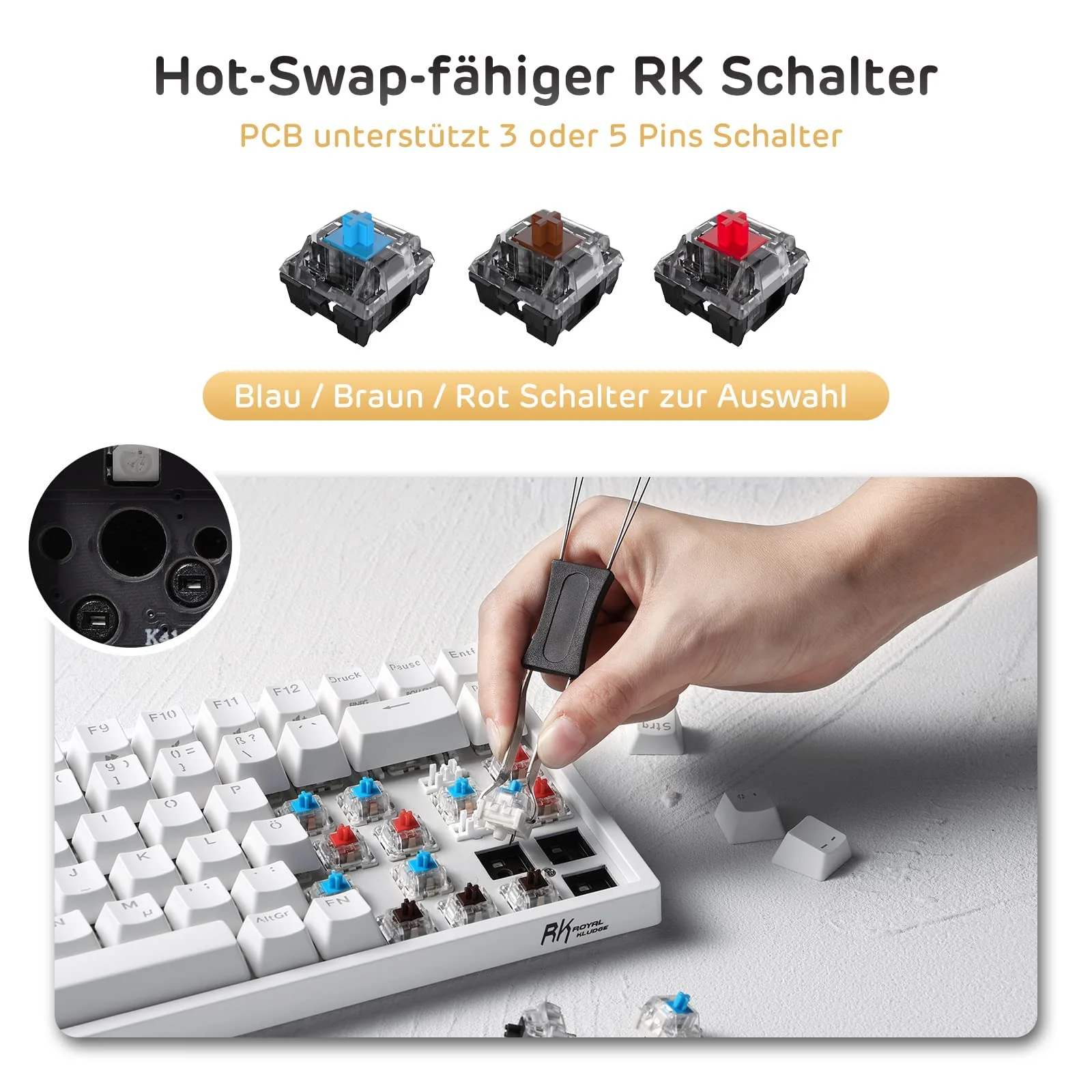 RK ROYAL KLUDGE RK84-DE 75% Gaming-Tastatur, 85 Tasten Kompakte TKL , Bluetooth Mechanische , Roter Schalter, RGB Hintergrundbeleuchtung, 2.4Ghz für Mac & Windows - Image 4