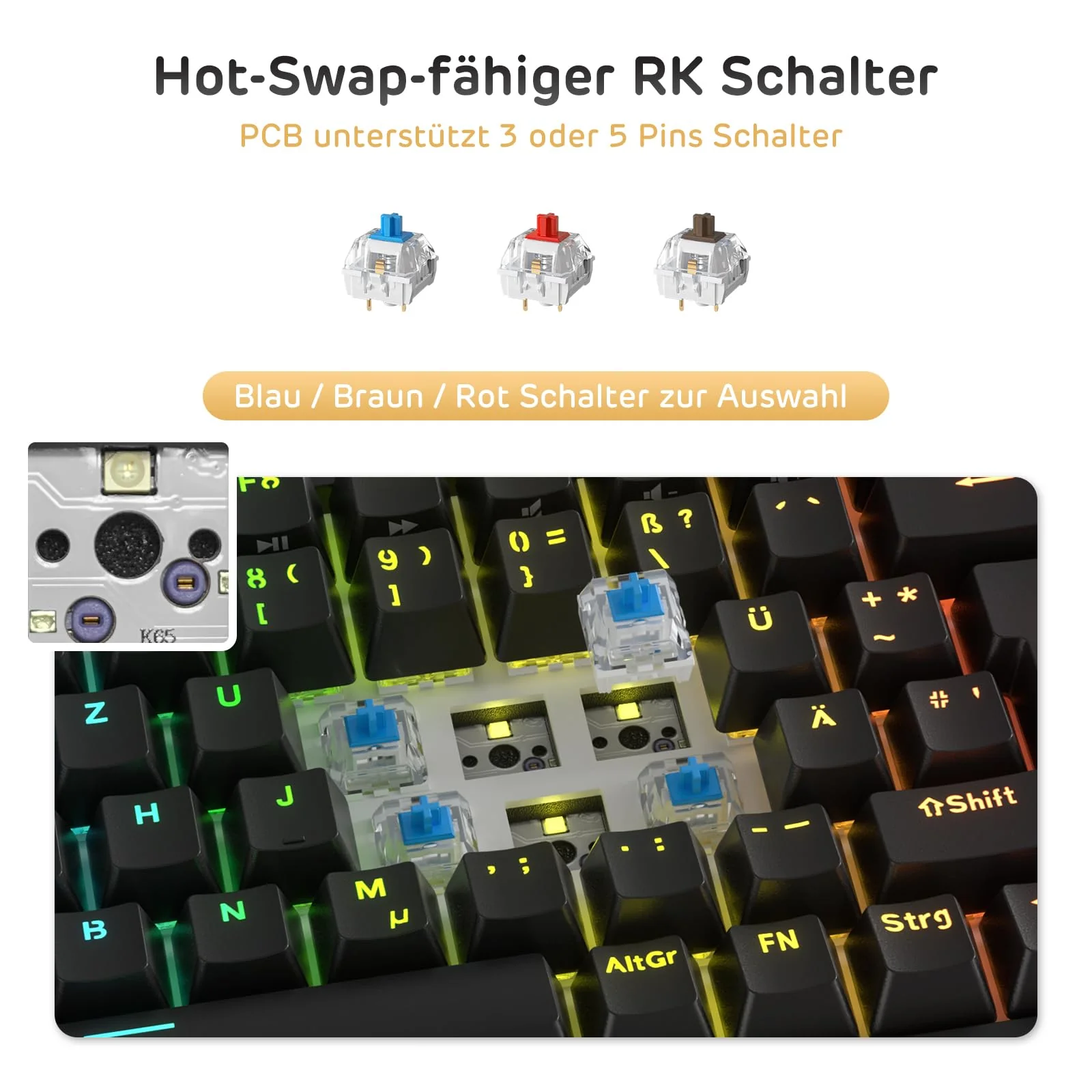 RK ROYAL KLUDGE RK84-DE 75% Gaming-Tastatur, 85 Tasten TKL , Bluetooth Mechanische , Rote Schalter, RGB Hintergrundbeleuchtung, 2.4Ghz für Mac & Windows, Schwarz - Image 2