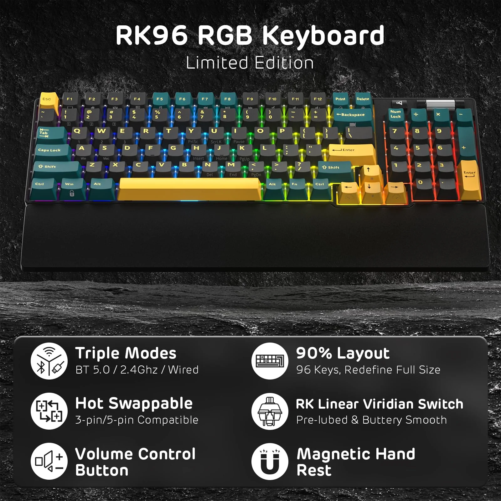 RK ROYAL KLUDGE RK96 RGB Limited Ed, 90% 96 Tasten Kabellose Tri-Modus BT5.0/2.4G/USB-C Hot-Swap-fähige Mechanische Tastatur mit Handballenauflage, Software-Unterstützung, Lineare Schalter, QWERTY - Image 7