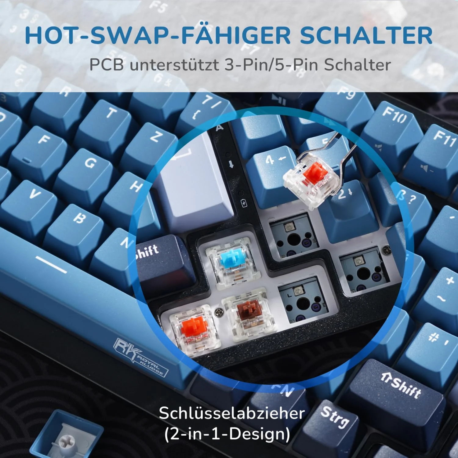 RK ROYAL KLUDGE RK98 Mechanische Tastatur Kabellose Gaming Tastatur 2.4G/Bluetooth 5.1/USB-C RGB Hinterleuchtet Deutsches Layout QWERTZ 100 Tasten Hot Swappable Braune Schalter, Blau - Image 5