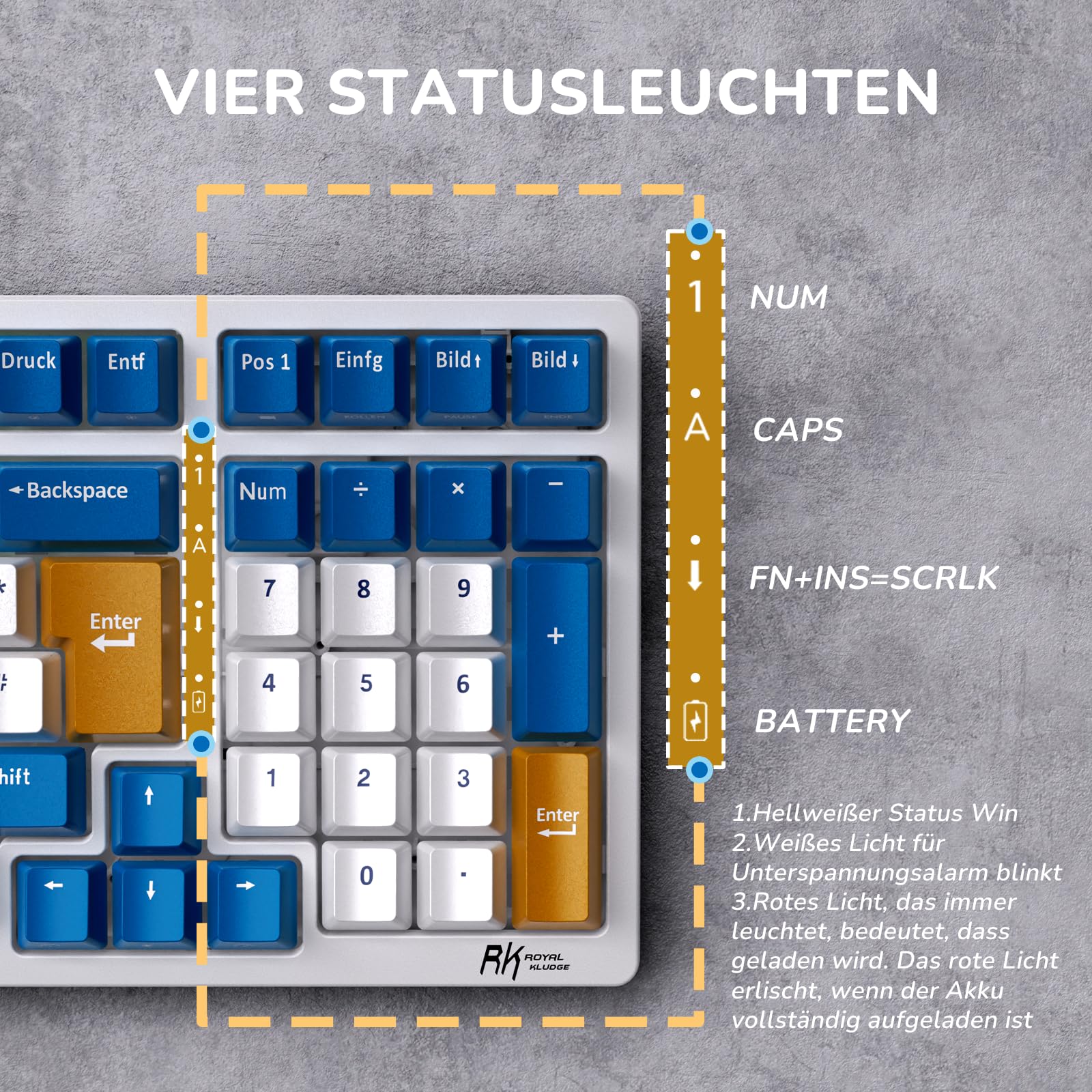 RK ROYAL KLUDGE RK98 Mechanische Tastatur Kabellose Gaming Tastatur 2.4G/Bluetooth 5.1/USB-C RGB Hinterleuchtet Deutsches Layout QWERTZ 100 Tasten Hot Swappable Braune Schalter, Weiß - Image 10