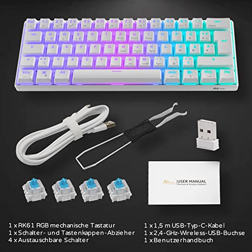 RK61 Mechanische Gaming-Tastatur, 2,4 GHz Wireless/Bluetooth/Wired 60% Mechanische Tastatur 61 Tasten Hot-Swap-fähiger Blauer Schalter mit RGB-Beleuchtung Kompatibel für Win/Mac, Weiß (QWERTZ) - Image 8