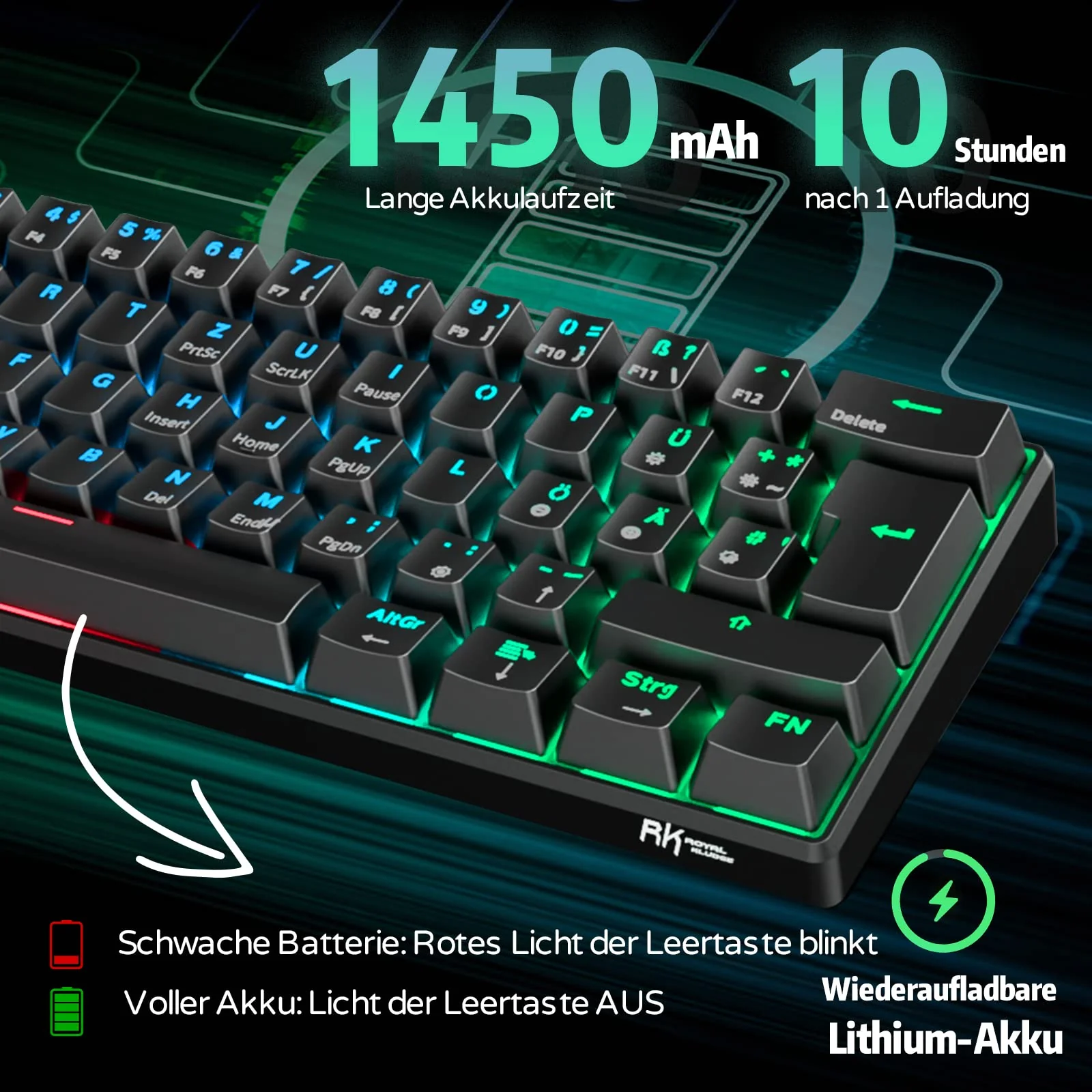 RK61 RGB Gaming-Tastatur, 2,4 GHz Wireless/Bluetooth/Wired 60% Mechanische Tastatur 61 Tasten, Hot-Swap-fähiger Brauner Schalter mit RGB-Beleuchtung Kompatibel für Win/Mac, Schwarz (QWERTZ) - Image 5