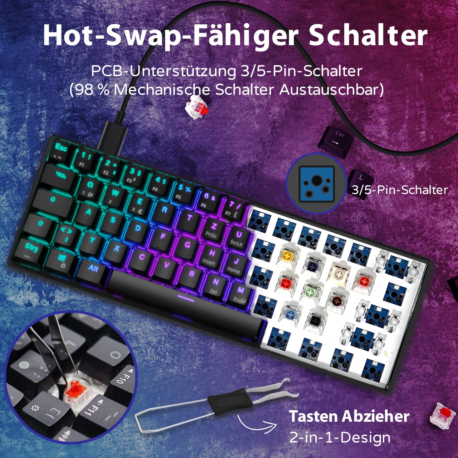 RK61 RGB Gaming-Tastatur, 2,4 GHz Wireless/Bluetooth/Wired 60% Mechanische Tastatur 61 Tasten, Hot-Swap-fähiger Brauner Schalter mit RGB-Beleuchtung Kompatibel für Win/Mac, Schwarz (QWERTZ) - Image 6