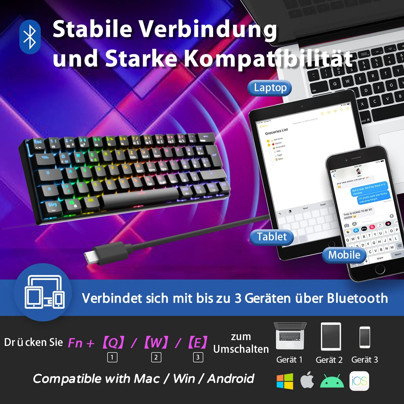 RK61 RGB Gaming-Tastatur, 2,4 GHz Wireless/Bluetooth/Wired 60% Mechanische Tastatur 61 Tasten, Hot-Swap-fähiger Brauner Schalter mit RGB-Beleuchtung Kompatibel für Win/Mac, Schwarz (QWERTZ) - Image 7