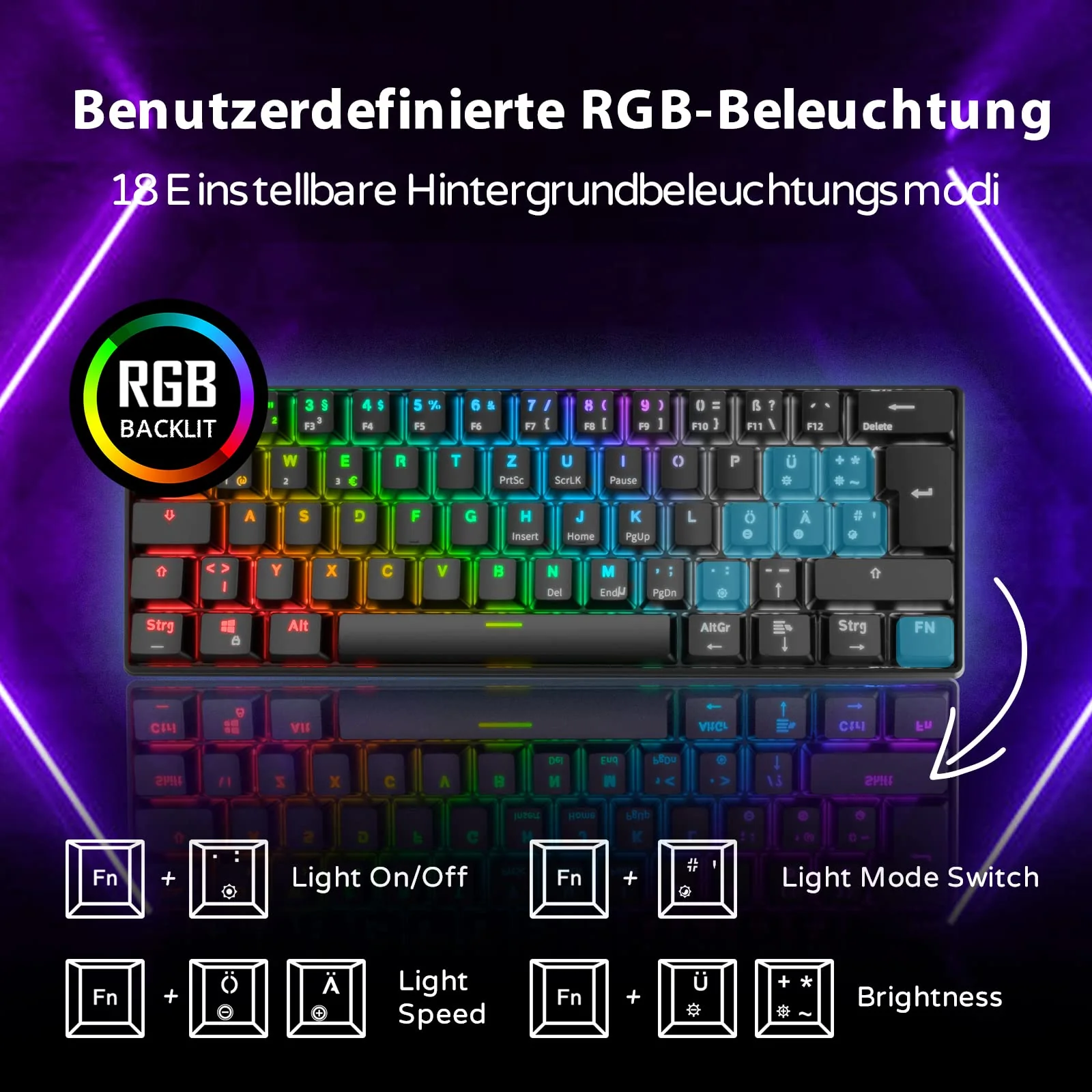 RK61 RGB Gaming-Tastatur, 2,4 GHz Wireless/Bluetooth/Wired 60% Mechanische Tastatur 61 Tasten, Hot-Swap-fähiger Brauner Schalter mit RGB-Beleuchtung Kompatibel für Win/Mac, Schwarz (QWERTZ) - Image 8