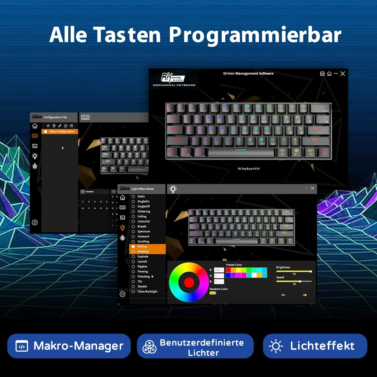 RK61 RGB Gaming-Tastatur, 2,4 GHz Wireless/Bluetooth/Wired 60% Mechanische Tastatur 61 Tasten, Hot-Swap-fähiger Roter Schalter mit RGB-Beleuchtung, Kompatibel für Win/Mac, Schwarz (QWERTZ) - Image 3