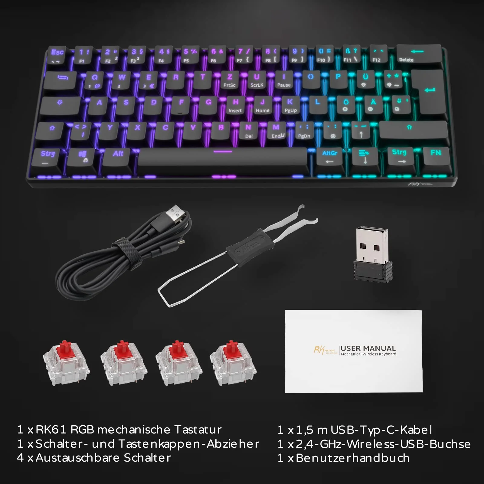 RK61 RGB Gaming-Tastatur, 2,4 GHz Wireless/Bluetooth/Wired 60% Mechanische Tastatur 61 Tasten, Hot-Swap-fähiger Roter Schalter mit RGB-Beleuchtung, Kompatibel für Win/Mac, Schwarz (QWERTZ) - Image 4
