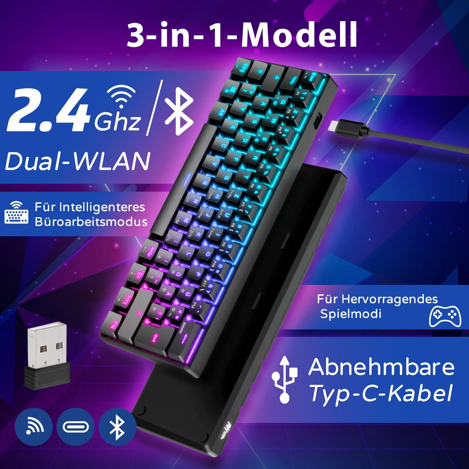 RK61 RGB Gaming-Tastatur, 2,4 GHz Wireless/Bluetooth/Wired 60% Mechanische Tastatur 61 Tasten, Hot-Swap-fähiger Roter Schalter mit RGB-Beleuchtung, Kompatibel für Win/Mac, Schwarz (QWERTZ) - Image 5