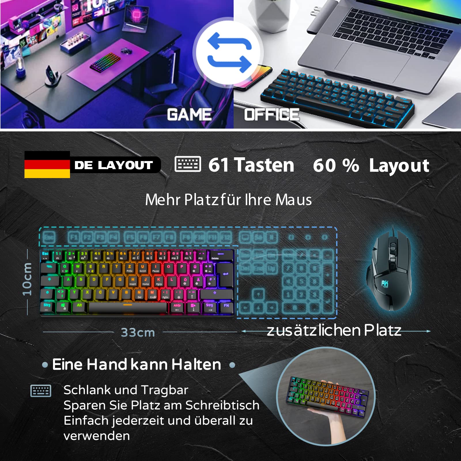 RK61 RGB Gaming-Tastatur, 2,4 GHz Wireless/Bluetooth/Wired 60% Mechanische Tastatur 61 Tasten, Hot-Swap-fähiger Roter Schalter mit RGB-Beleuchtung, Kompatibel für Win/Mac, Schwarz (QWERTZ) - Image 9