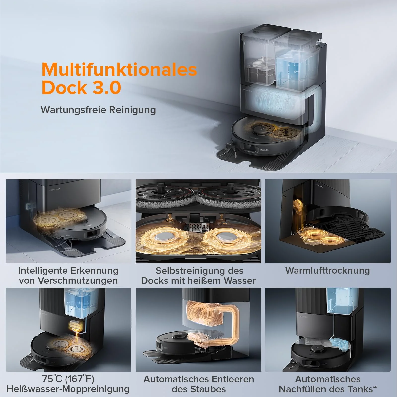roborock Qrevo Edge S5A Saugroboter mit Wischfunktion,Dual Anti-Tangle-System,18.500Pa,FlexiArm Design Kantenreinigung, Hebarem Wischmopp,75℃ Heißwasser-Moppwäsche (Schwarz) - Image 7