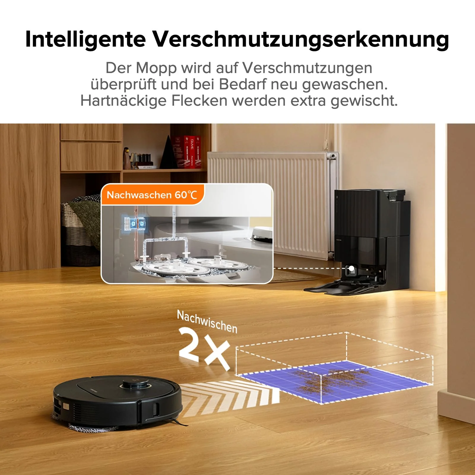 roborock Qrevo Pro Set Saugroboter mit Wischfunktion&Hebarem Wischmopp, 7000Pa, FlexiArm Design™ Kantenreinigung, 60 °C Heißwasser-Moppwäsche, zusätzlich 2 Wischmops, Roboterstaubsauger-Set(Schwarz) - Image 6