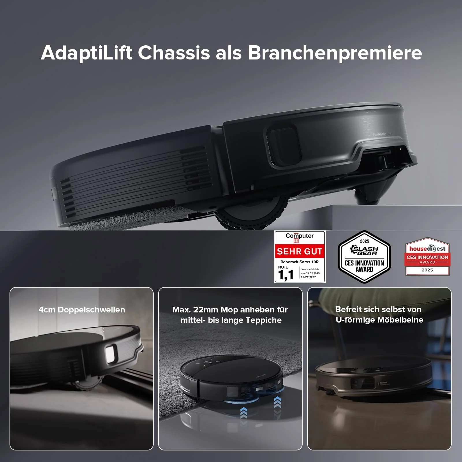 roborock Saros 10R Saugroboter mit Wischfunktion&Hebarem Wischmopp, 7,98cm Ultra-Slim Design, StarSight System 2.0, Zero-Tangle System - Image 3