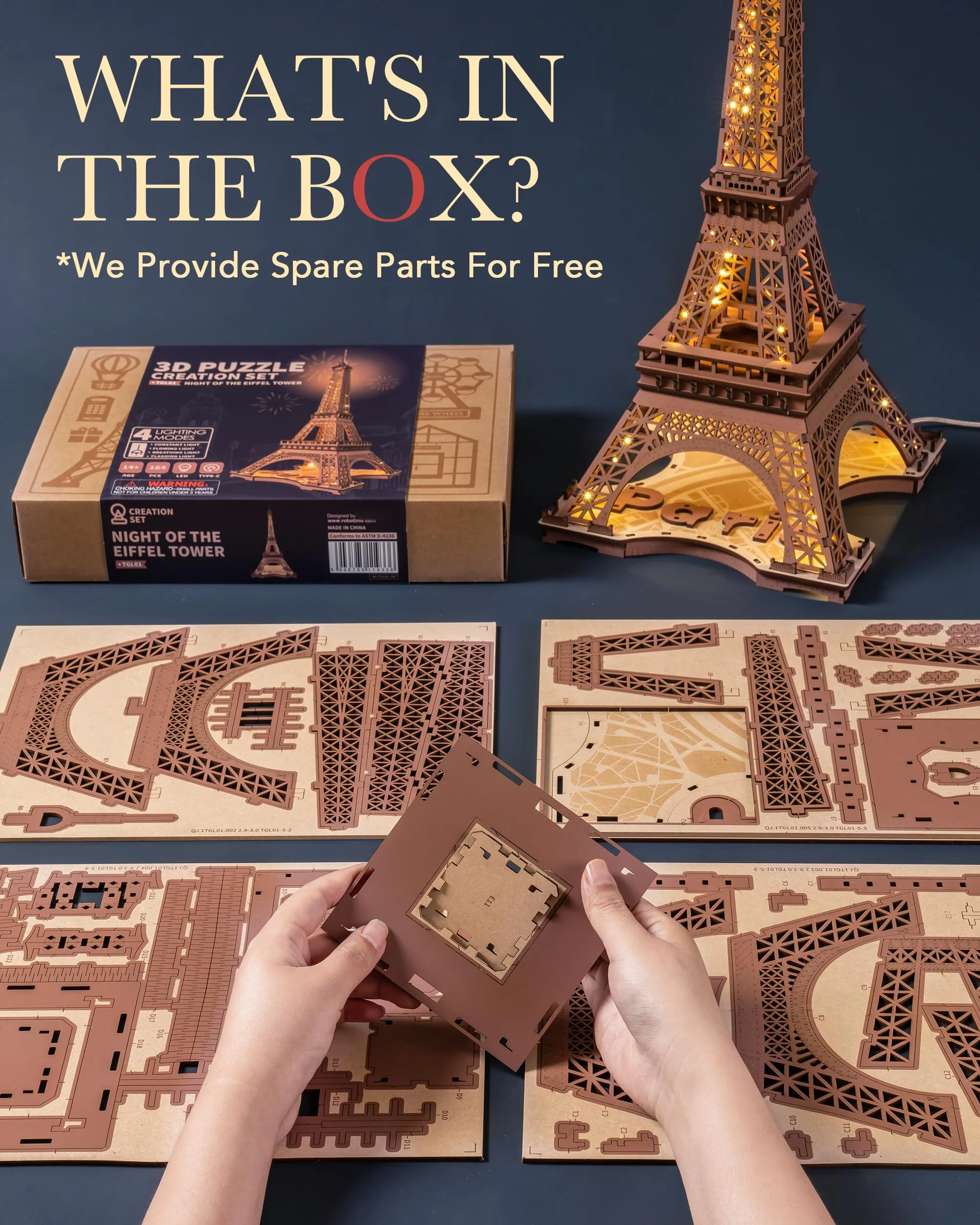 ROBOTIME Architecture Paris Eiffelturm, 3D Puzzle Holz mit Lichtern, Modellbausatz 164 Teile Hoch 53cm, Holzpuzzle Geschenke für Erwachsene und Kinder - Image 2