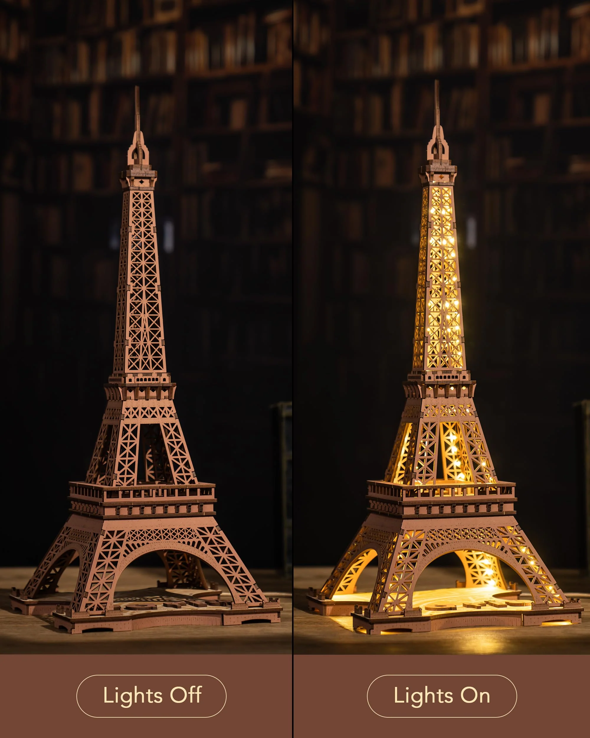 ROBOTIME Architecture Paris Eiffelturm, 3D Puzzle Holz mit Lichtern, Modellbausatz 164 Teile Hoch 53cm, Holzpuzzle Geschenke für Erwachsene und Kinder - Image 3