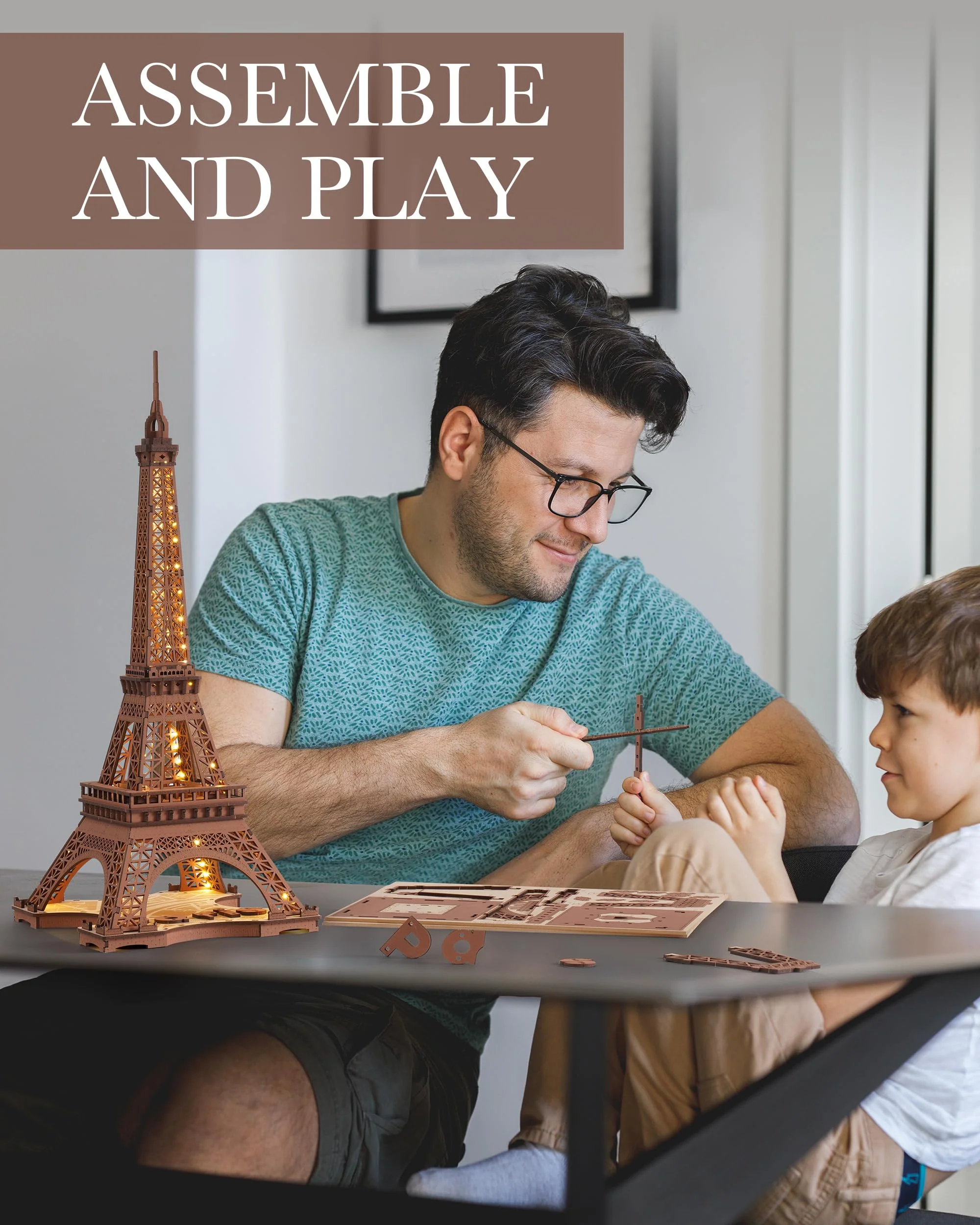 ROBOTIME Architecture Paris Eiffelturm, 3D Puzzle Holz mit Lichtern, Modellbausatz 164 Teile Hoch 53cm, Holzpuzzle Geschenke für Erwachsene und Kinder - Image 4