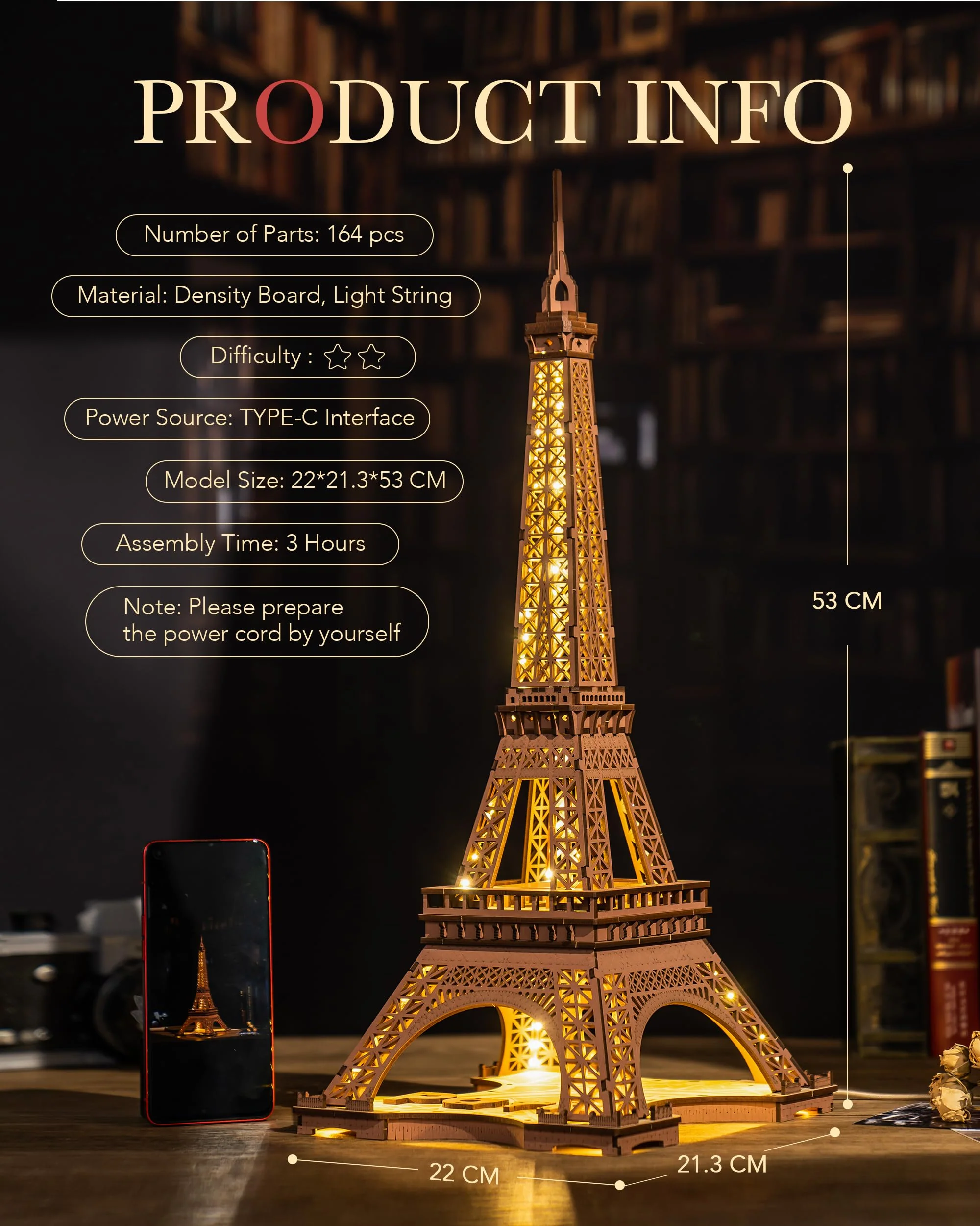 ROBOTIME Architecture Paris Eiffelturm, 3D Puzzle Holz mit Lichtern, Modellbausatz 164 Teile Hoch 53cm, Holzpuzzle Geschenke für Erwachsene und Kinder - Image 5