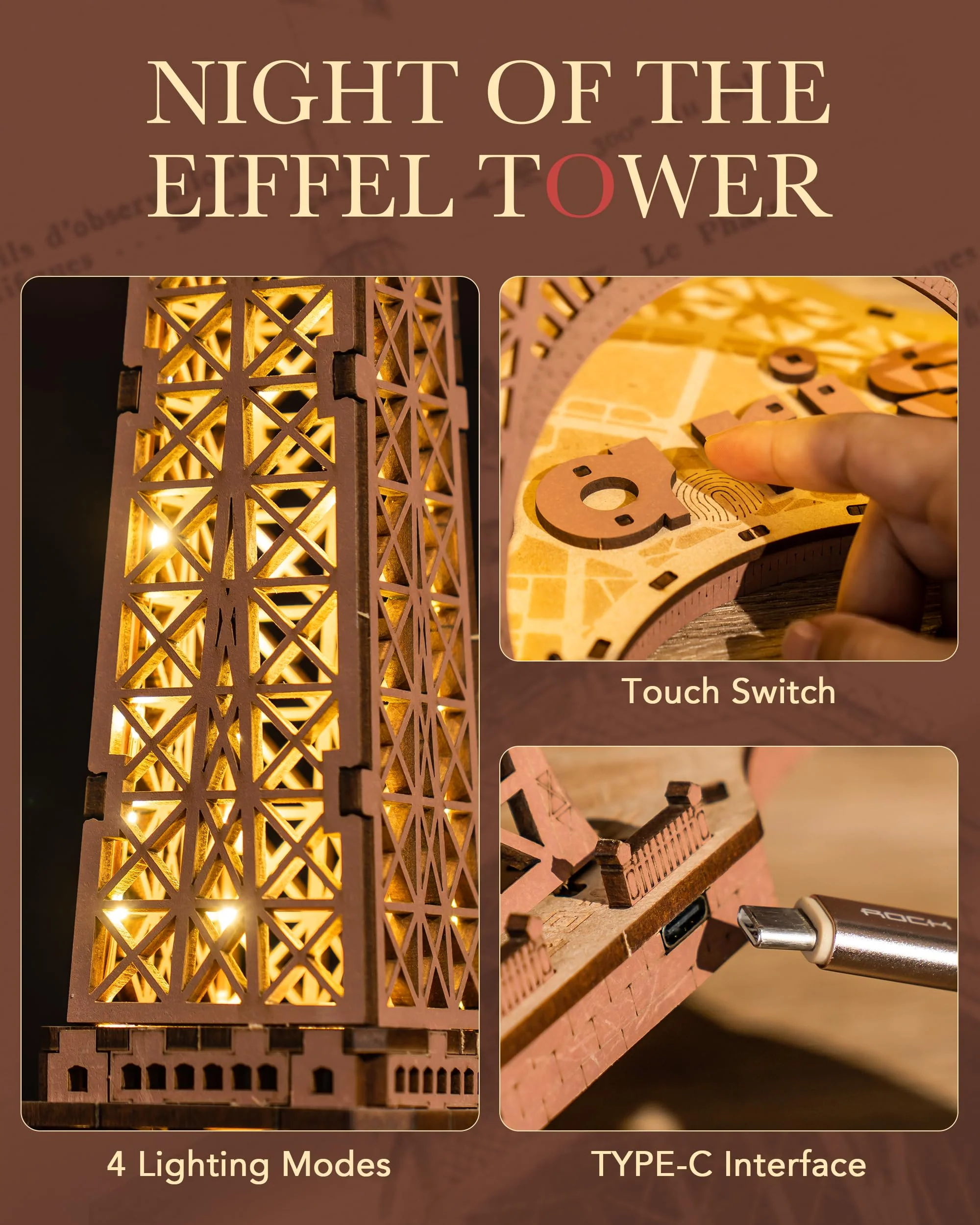 ROBOTIME Architecture Paris Eiffelturm, 3D Puzzle Holz mit Lichtern, Modellbausatz 164 Teile Hoch 53cm, Holzpuzzle Geschenke für Erwachsene und Kinder - Image 6