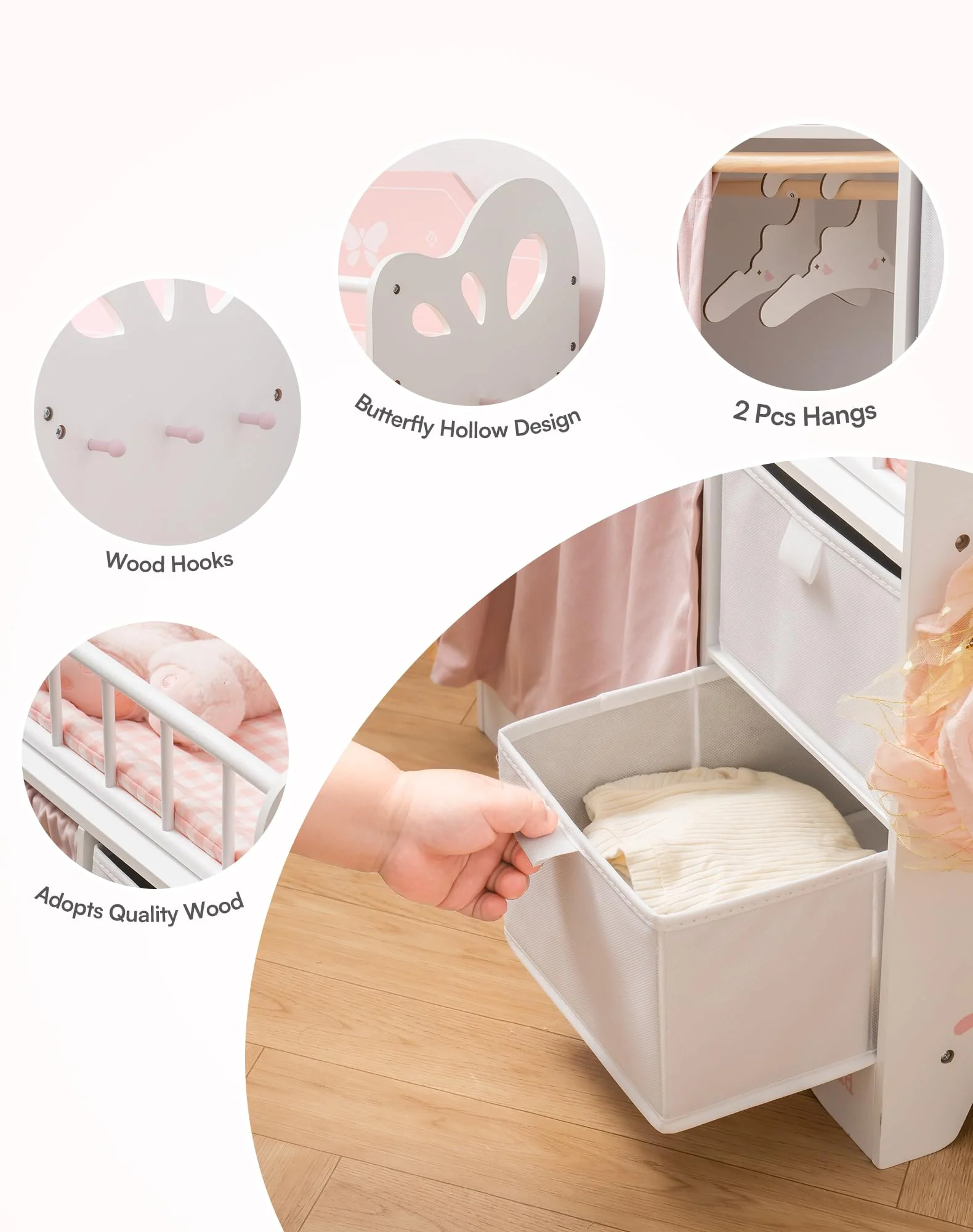 ROBOTIME Holz Puppenbett für Kinder, Baby Puppenbett mit Aufbewahrungsschrank und Bettwäsche, Puppenbett geeignet für Puppen bis 22 Zoll, Kleinkinder ab 3 Jahren (Rosa) - Image 2