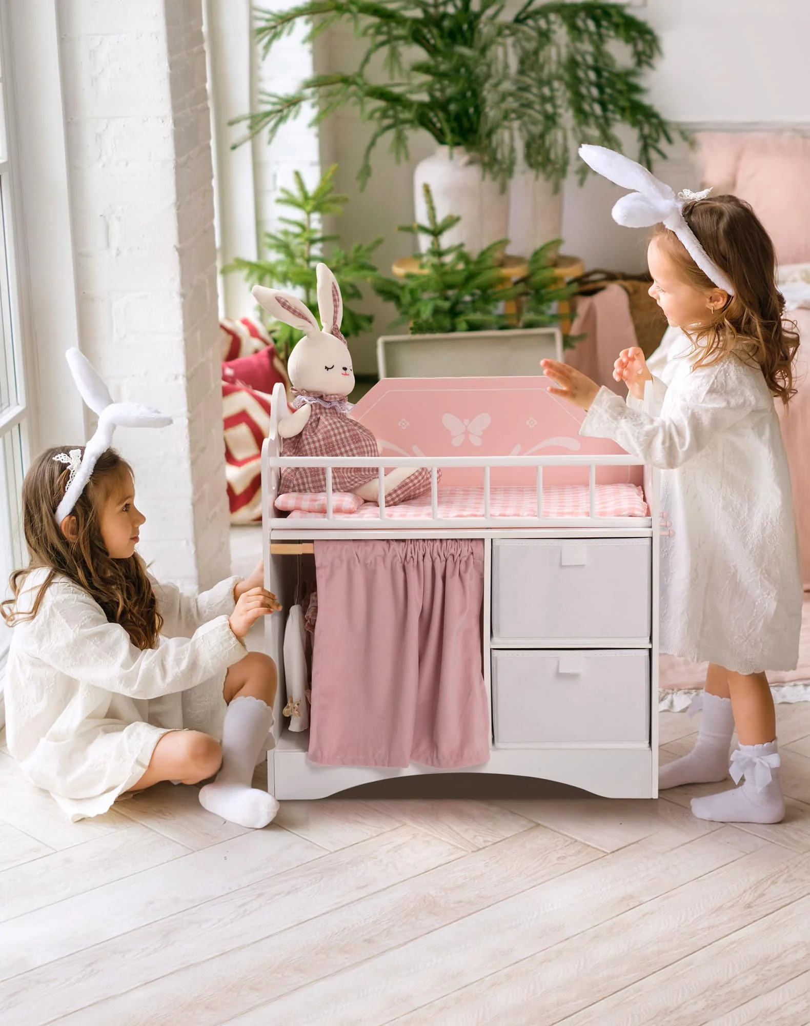 ROBOTIME Holz Puppenbett für Kinder, Baby Puppenbett mit Aufbewahrungsschrank und Bettwäsche, Puppenbett geeignet für Puppen bis 22 Zoll, Kleinkinder ab 3 Jahren (Rosa) - Image 8