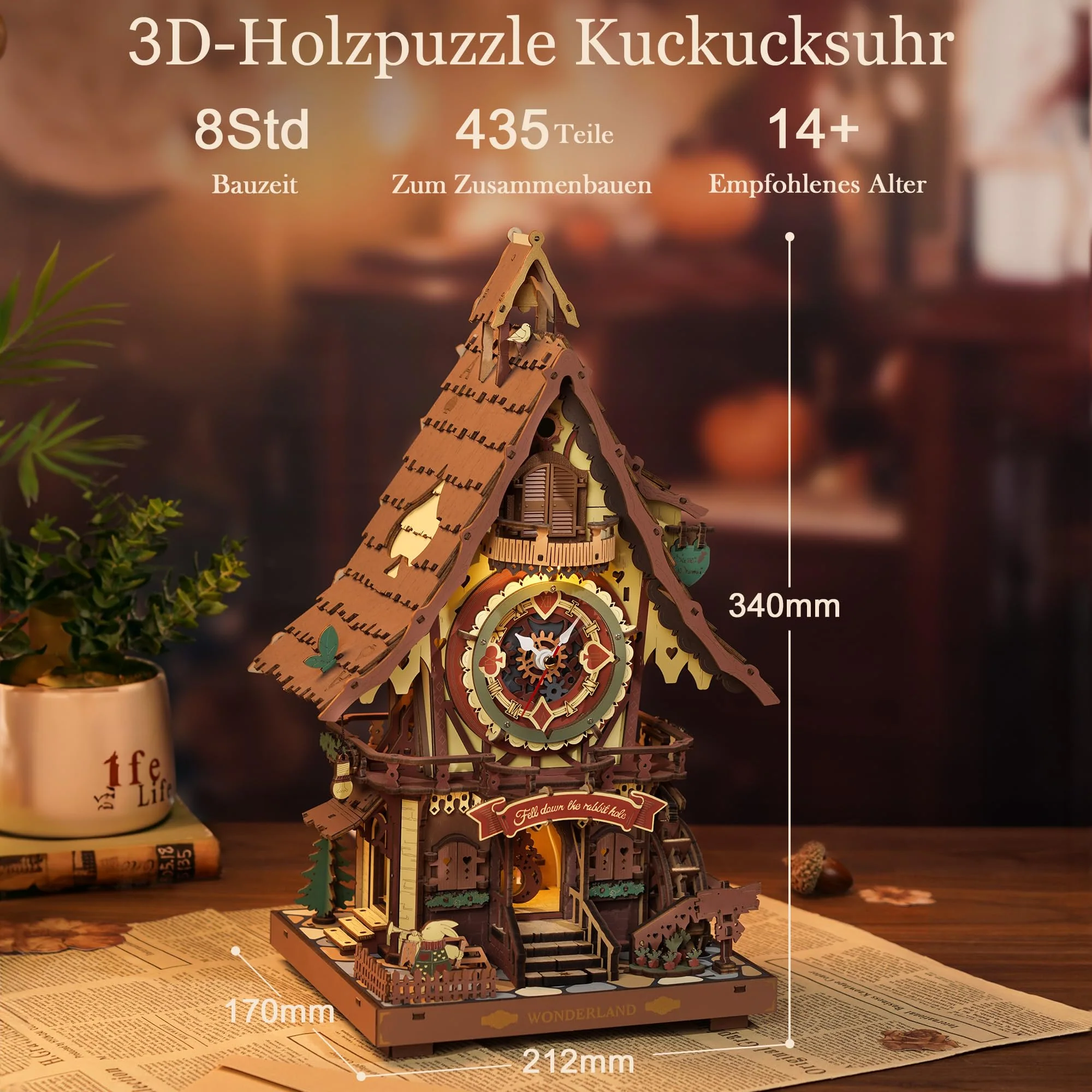 ROBOTIME LC901C 3D-Puzzle-Kuckucksuhr für Erwachsene, Holzpuzzle-Modellbausätze zum Bauen, Arbeitsuhr mit Kuckuck-Sound, Heimdekoration, Handwerk, Geschenk für Jugendliche und Erwachsene - Image 4